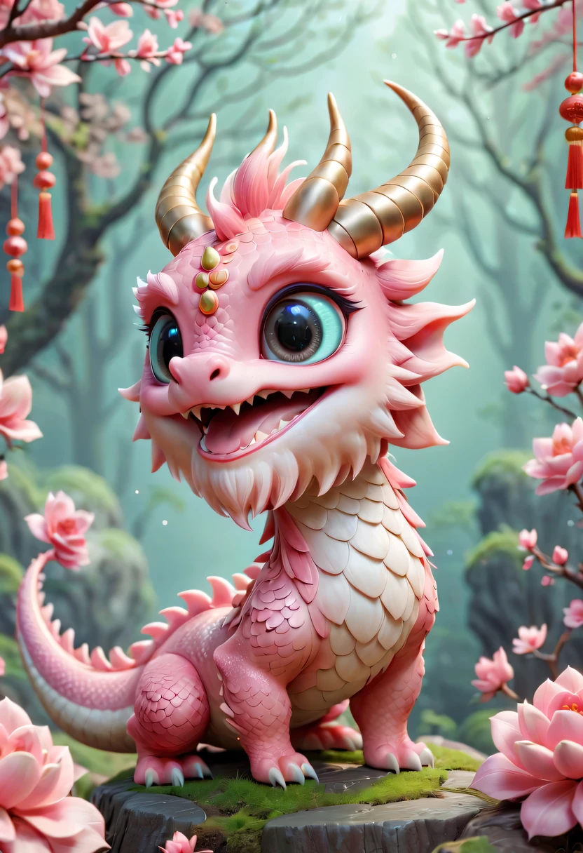 Q version,Cute little dragon,Chinese dragon,pink space,festive atmosphere,Spring Festival,Lovely antlers,Chinese elements,cartoon,cute pet,Lively