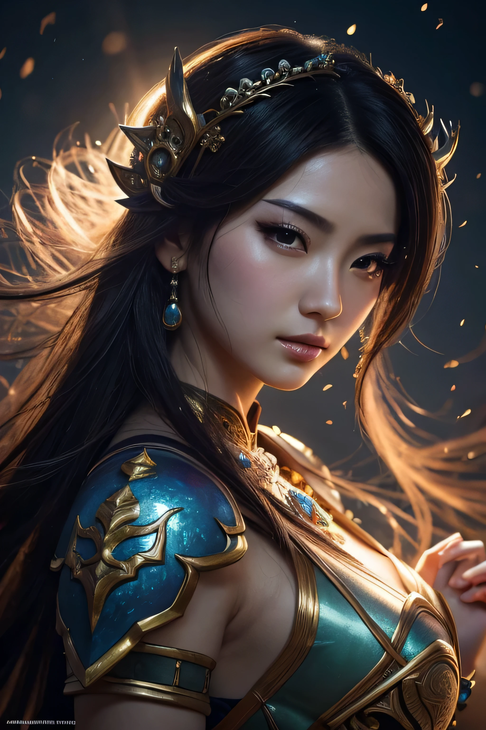 masterpiece, best quality, high resolution, closeup portrait, a female, Japanse goddess, fantasy, league of legends style, beautiful figure painting, bright light, amazing composition, front view, HDR, volumetric lighting, ultra quality, elegant, highly detailed