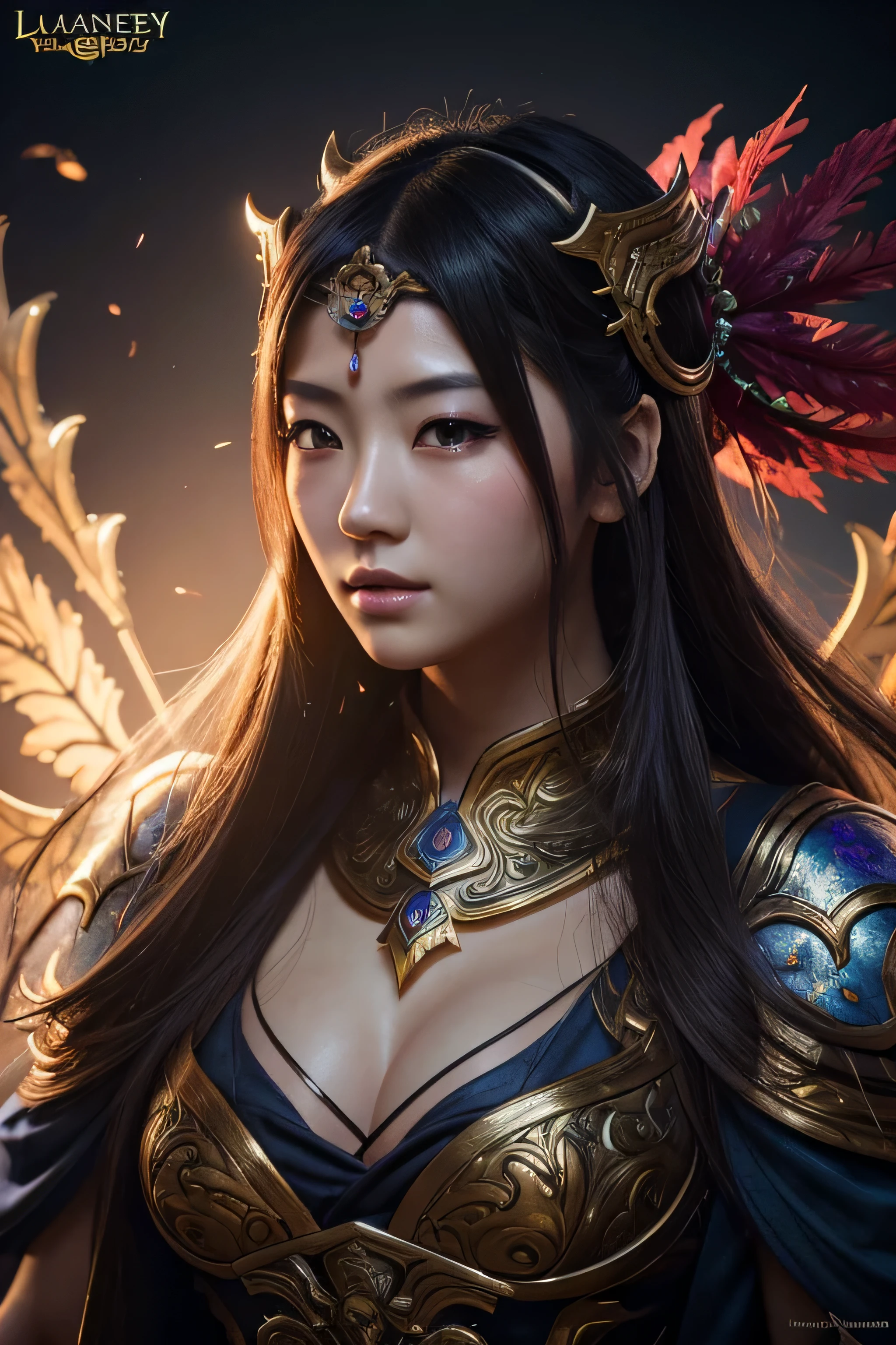 masterpiece, best quality, high resolution, closeup portrait, a female, Japanse goddess, fantasy, league of legends style, beautiful figure painting, bright light, amazing composition, front view, HDR, volumetric lighting, ultra quality, elegant, highly detailed