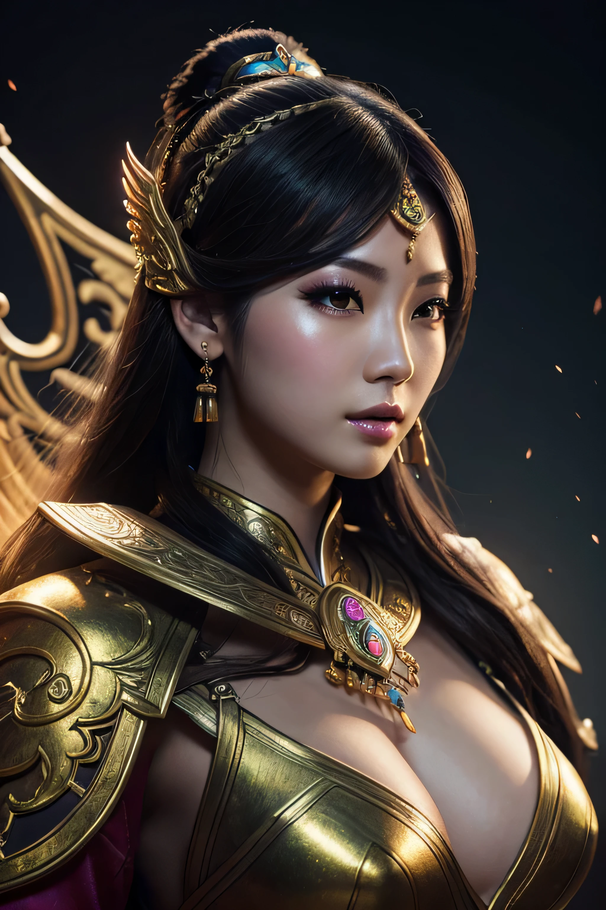 masterpiece, best quality, high resolution, closeup portrait, a female, Chinese goddess, fantasy, league of legends style, beautiful figure painting, bright light, amazing composition, front view, HDR, volumetric lighting, ultra quality, elegant, highly detailed