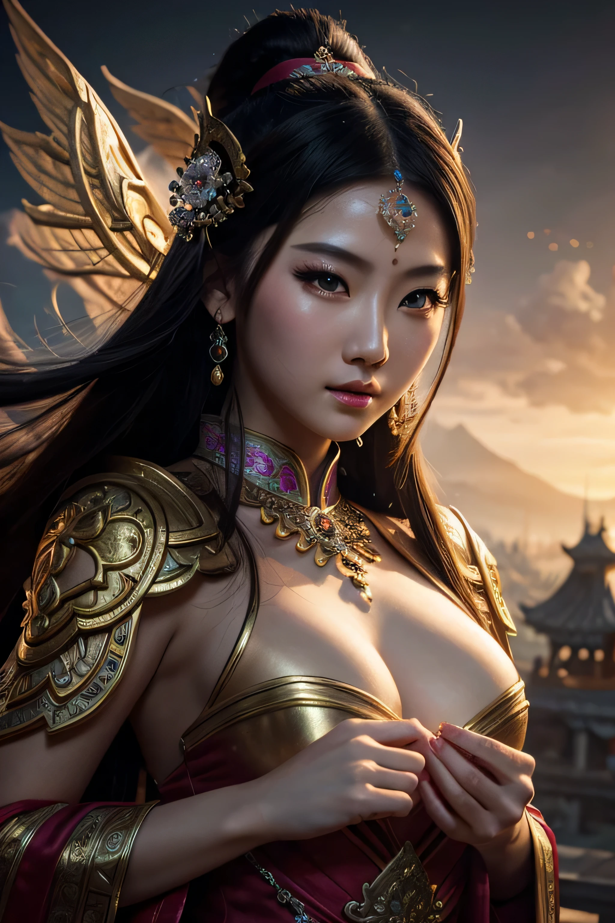 masterpiece, best quality, high resolution, closeup portrait, a female, Chinese goddess, fantasy, league of legends style, beautiful figure painting, bright light, amazing composition, front view, HDR, volumetric lighting, ultra quality, elegant, highly detailed