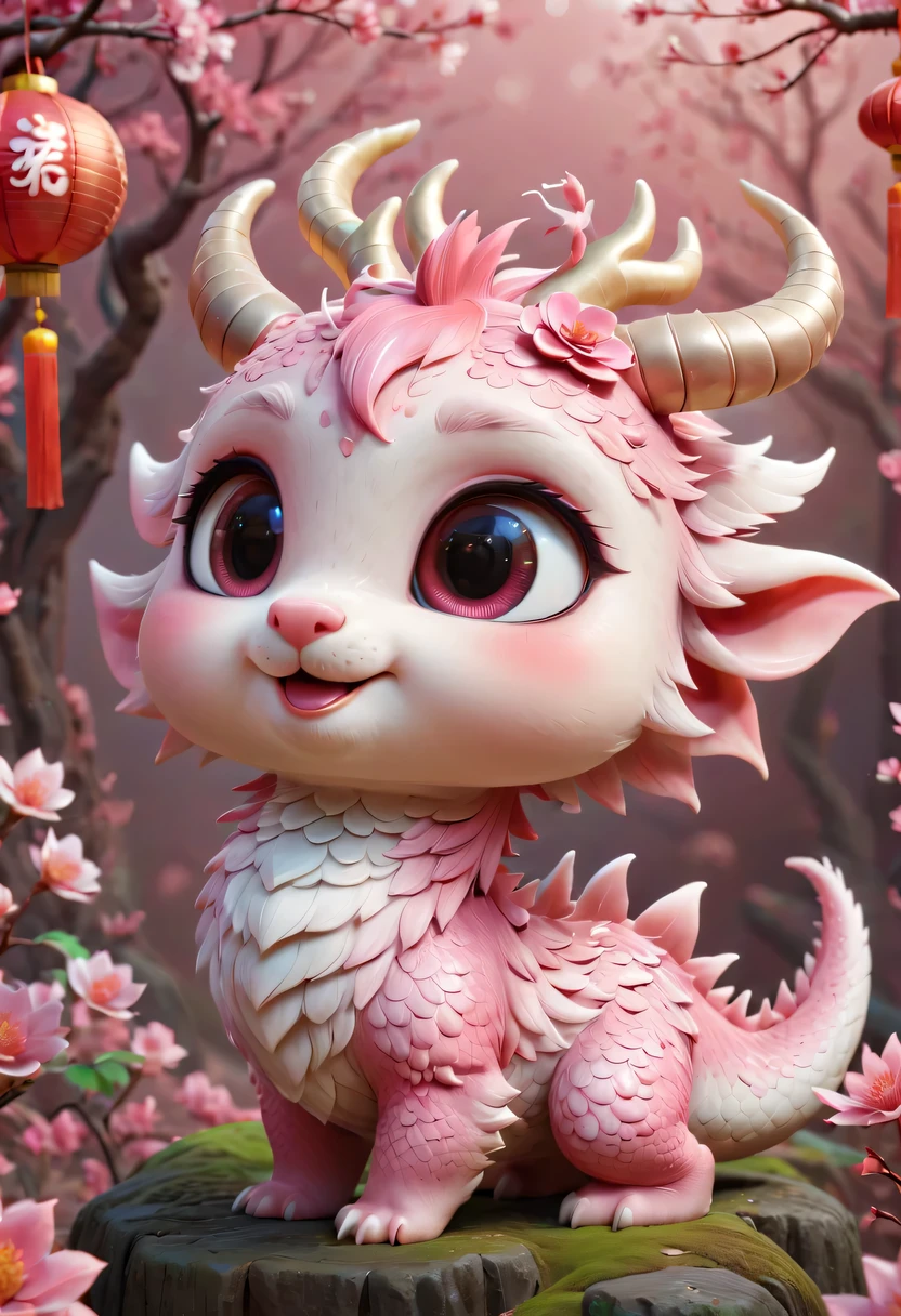 Q version,Cute little dragon,Chinese style,pink space,festive atmosphere,Spring Festival,Lovely antlers,Chinese elements,cartoon,cute pet,Lively