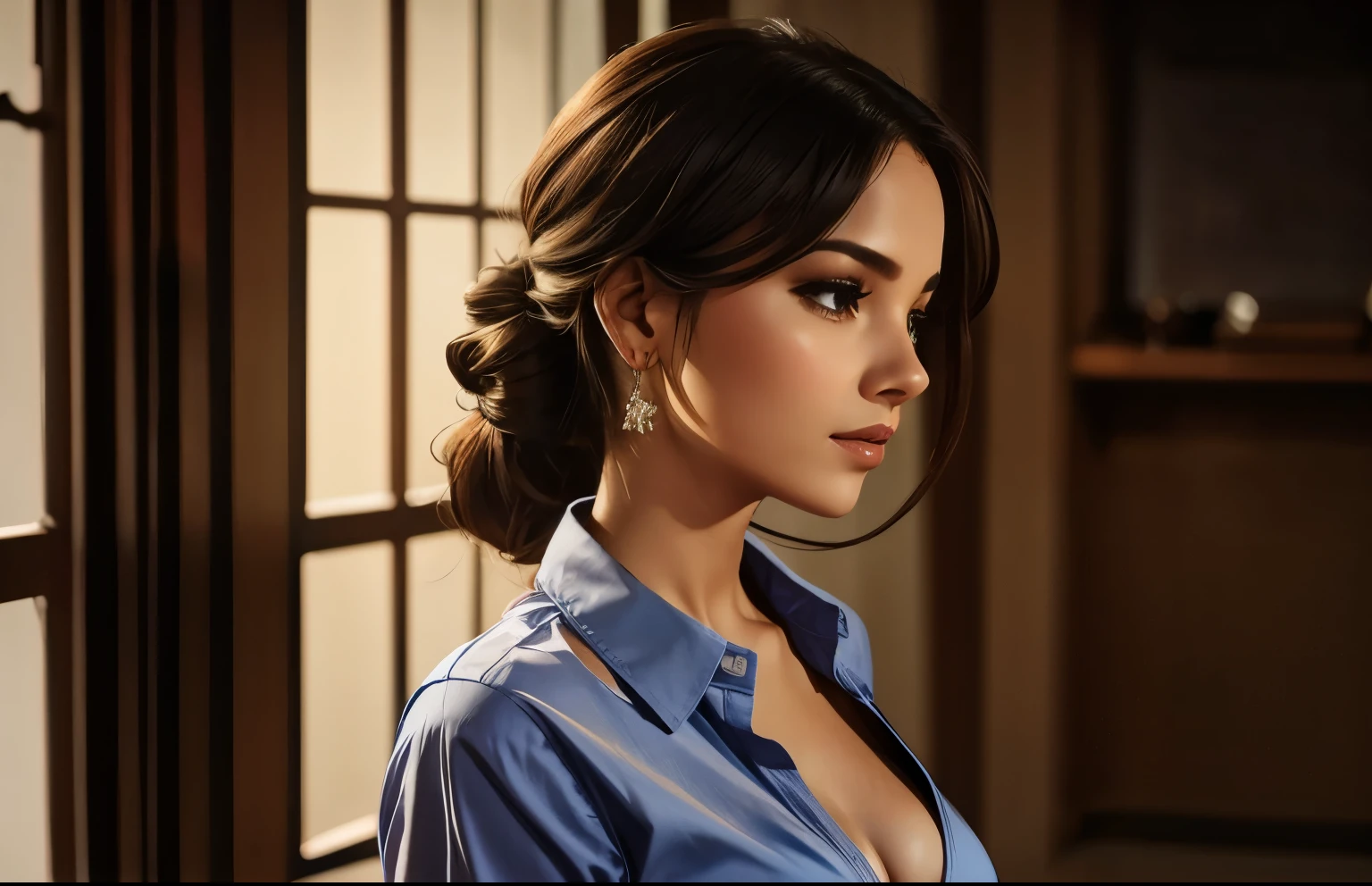 1girl, hair, breasts, cleavage, curtains, earrings, front-tie_top, jewelry, large_breasts, lips, looking_at_viewer, shirt, solo, tied_shirt, upper_body, shirt
