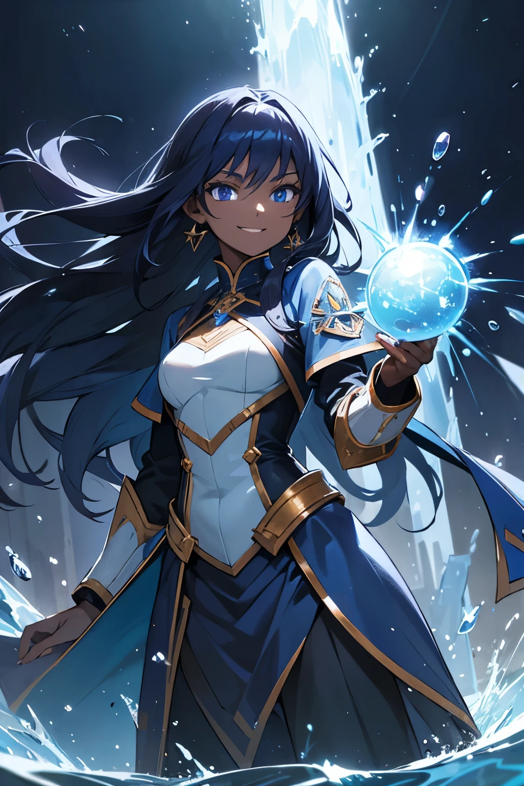 dark skin, long dark blue hair, blue eyes, smile, beautiful, combat outfit, mole on face, water magic, cool princesss