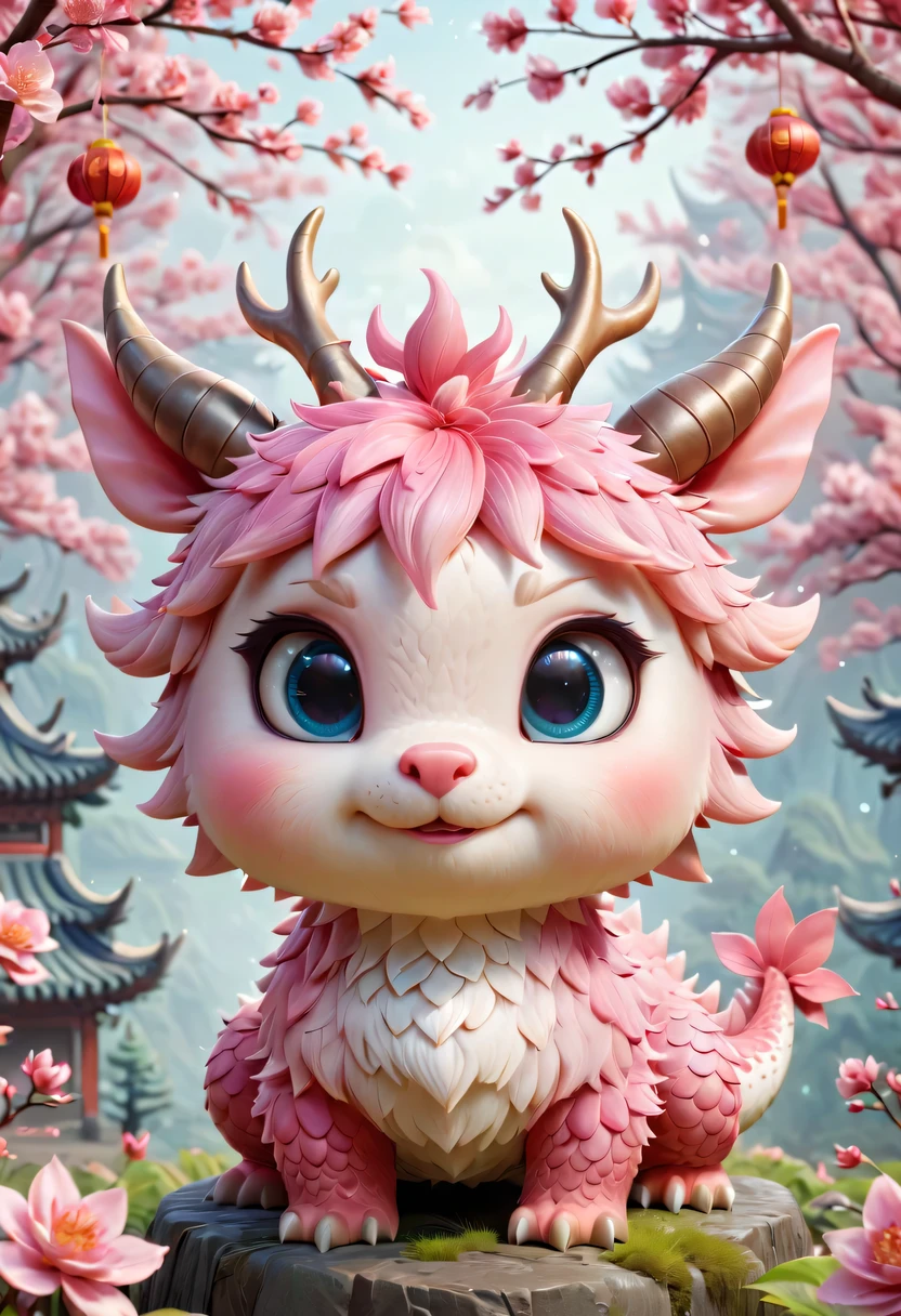 Q version,Cute little dragon,Chinese style,pink space,festive atmosphere,Spring Festival,Lovely antlers,Chinese elements,cartoon,cute pet,Lively