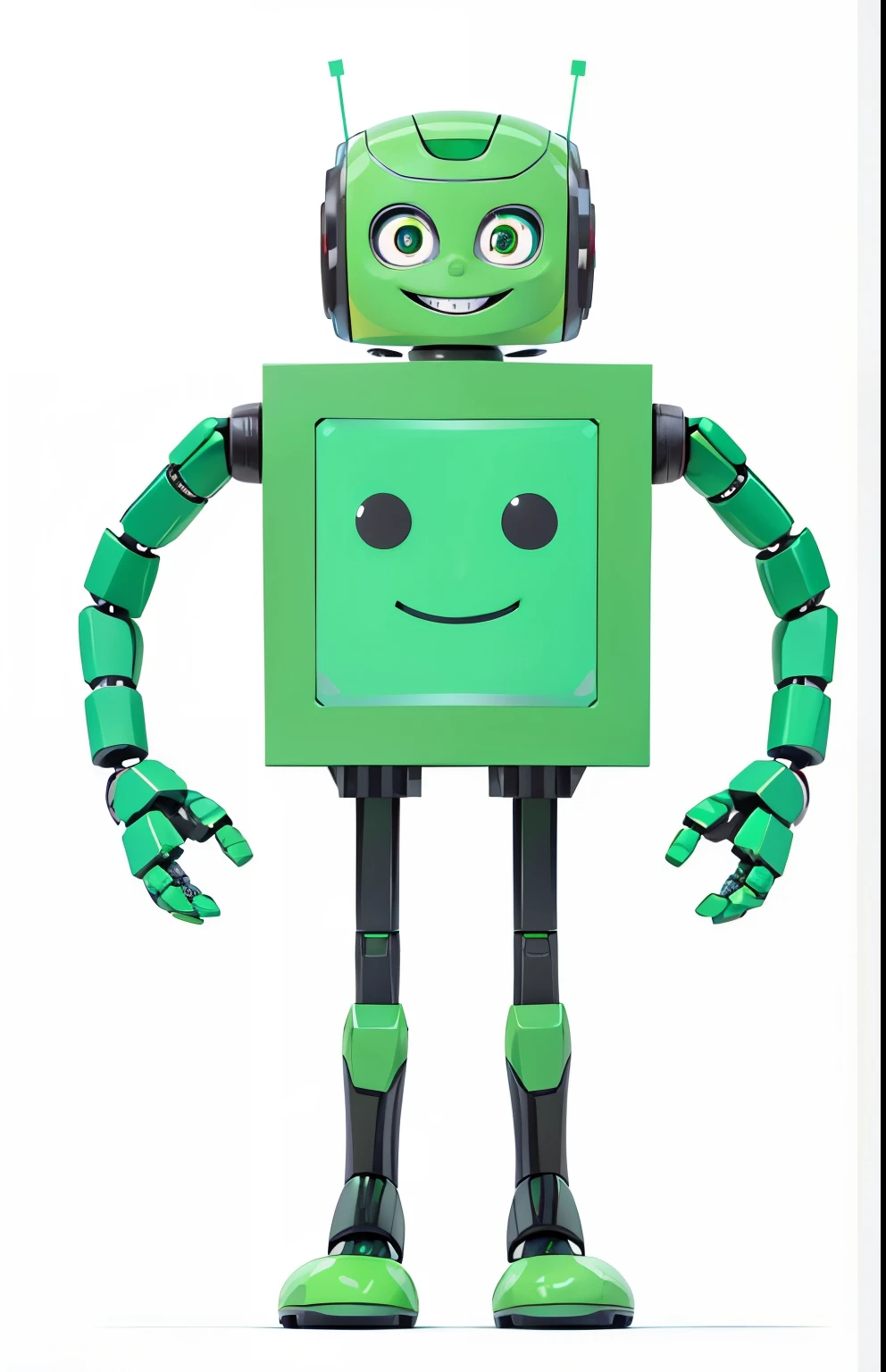 3d cartoon, a close up of a robot smiling with a green face and a green body, happy robot smiling, friendly robot, tintoy characterdesign robot, humanoide robot, cute robot, ((robot)), a robot, adorable friendly robot, robot design, half robot, robot icon, anthropomorphic robot [ thing ], round robot, android james