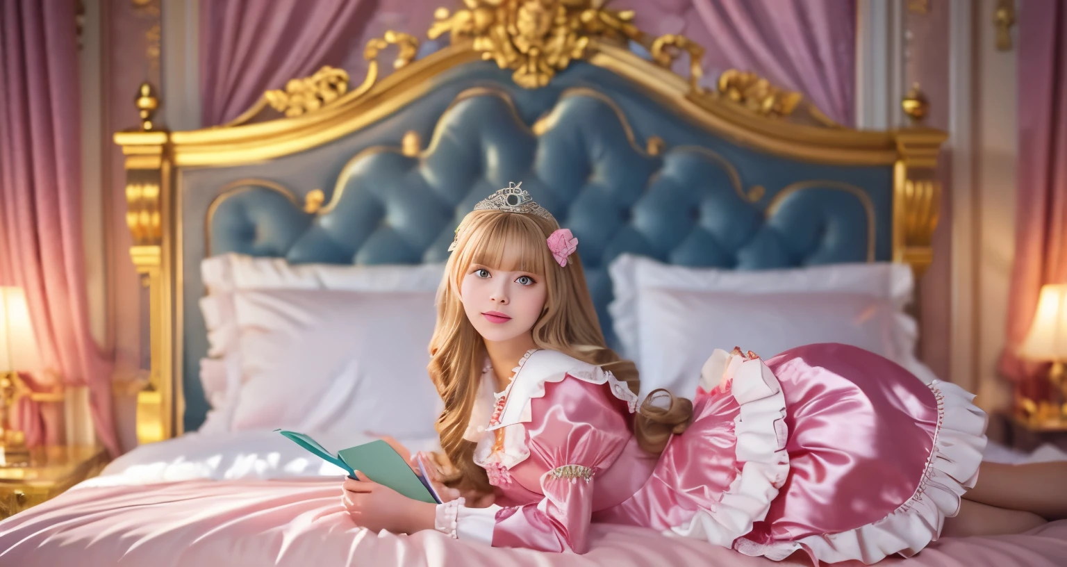 ,highest quality, masterpiece, highest resolution, artwork, super それにget used to it, many get used to it, get used to it, それにget used to it, 3K realistic photos,,(( When I was )),Super detailed baby face,She is a princess,Full length ball gown dress with hoop skirt,ruffle yoke collar,puff sleeves,long sleeve,((Lolita style pink detailed princess satin dress、Comes with lots of frills and ribbons。)),colorful rococo fashion,shiny satin dress,Soft and smooth fabric,luxury,long blonde hair,blue eyes,white skin european,pajamas,((inside the palace)),,,(( When I was 10 years old)),Sd baby face,Full length ball gown dress with hoop skirt,long skirt,ruffle yoke collar,puff sleeves,腰まで伸びるlong blonde hair,blue eyes,white skin european,pajamas,((inside the palace bedroom)),ピンクのシルクサテンのluxuryなcanopy bedの上,canopy bed,Luxurious curtains on both sides of the bed,many frilly pillows on the bed,super detailed background,Detailed bed,romantic atmosphere,little princess is lying on the bed,Read picture books,both legs are hidden in the dress,the dress is spread across the bed,soft pink silk satin comforter,Beautiful girl illustration,detailed beautiful face detailed hair,detailed human eye ,detailed mouth, arm details,detailed hand,detailed picture book