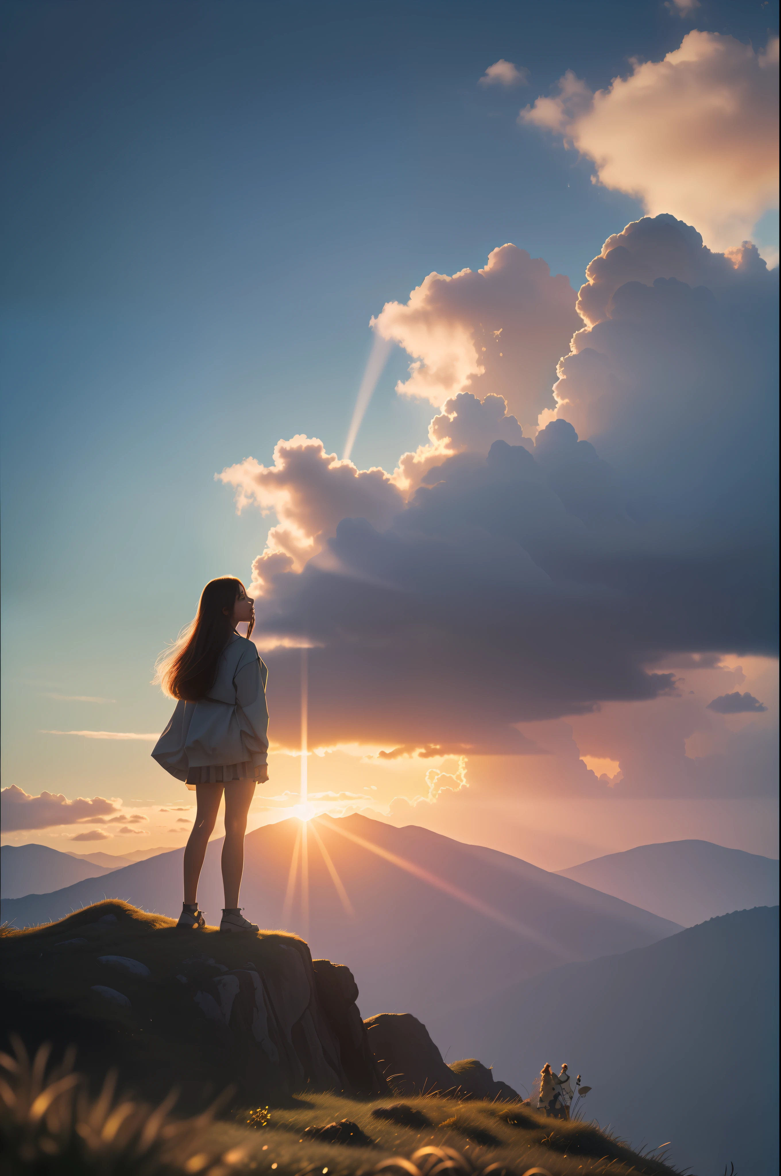 (8K wallpaper, .lowbrow, photorealistic:1.25) ,( glossy side,, Best quality, ultra high resolution, depth of field, color difference, caustics, Special light) ,1 girl stands on the top of the hill,sunrise,Golden clouds