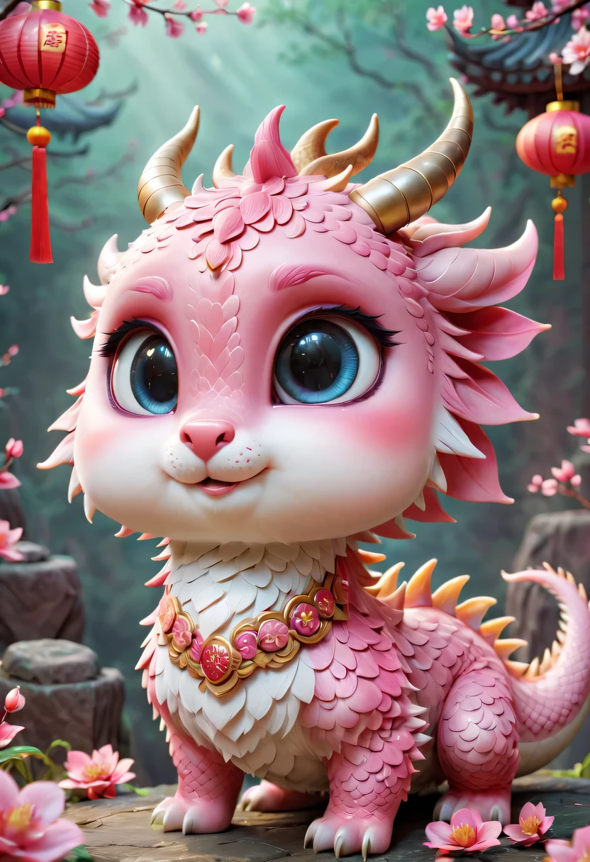 Q version,Cute little dragon,Chinese style,pink space,festive atmosphere,Spring Festival,Lovely antlers,Chinese elements,cartoon,cute pet,Lively