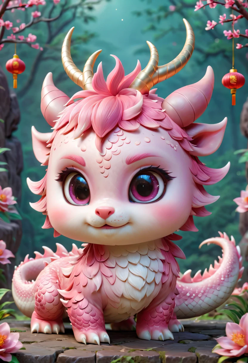 Q version,Cute little dragon,Chinese style,pink space,festive atmosphere,Spring Festival,Lovely antlers,Chinese elements,cartoon,cute pet,Lively