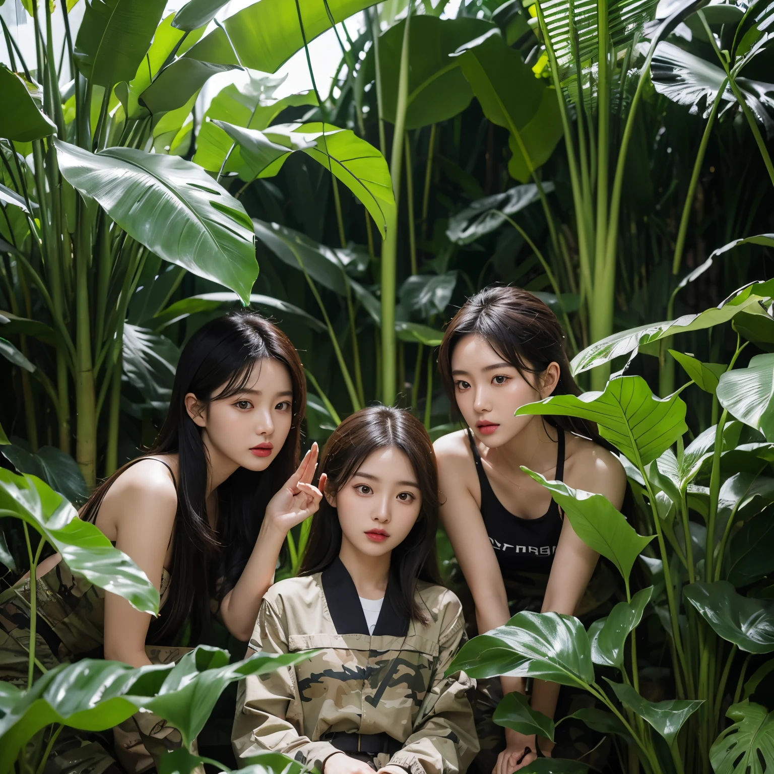 create a hyper-realistic photo of Korean girls group in the jungle. camouflage. M4A1 and MP5. banana plants. High contrast. detail plants. Clear color. bright color. volume light.