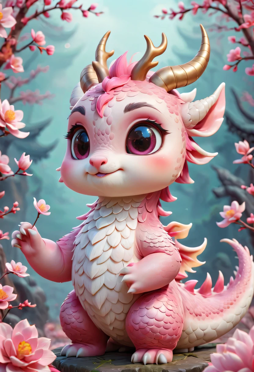 Q version,Cute little dragon,Chinese style,pink space,festive atmosphere,Spring Festival,Lovely antlers,Chinese elements,cartoon,cute pet,Lively