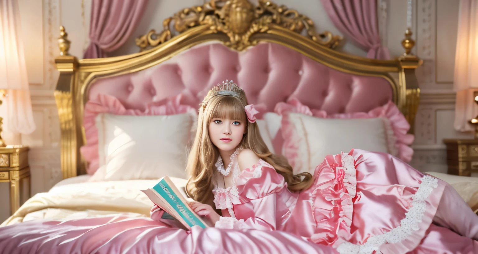 ,highest quality, masterpiece, highest resolution, artwork, super それにget used to it, many get used to it, get used to it, それにget used to it, 3K realistic photos,,(( When I was )),Super detailed baby face,She is a princess,Full length ball gown dress with hoop skirt,ruffle yoke collar,puff sleeves,long sleeve,((Lolita style pink detailed princess satin dress、Comes with lots of frills and ribbons。)),colorful rococo fashion,shiny satin dress,Soft and smooth fabric,luxury,long blonde hair,blue eyes,white skin european,pajamas,((inside the palace)),,,(( When I was 10 years old)),Sd baby face,Full length ball gown dress with hoop skirt,long skirt,ruffle yoke collar,puff sleeves,腰まで伸びるlong blonde hair,blue eyes,white skin european,pajamas,((inside the palace bedroom)),ピンクのシルクサテンのluxuryなcanopy bedの上,canopy bed,Luxurious curtains on both sides of the bed,many frilly pillows on the bed,super detailed background,Detailed bed,romantic atmosphere,little princess is lying on the bed,Read picture books,both legs are hidden in the dress,the dress is spread across the bed,soft pink silk satin comforter,Beautiful girl illustration,detailed beautiful face detailed hair,detailed human eye ,detailed mouth, arm details,detailed hand,detailed picture book