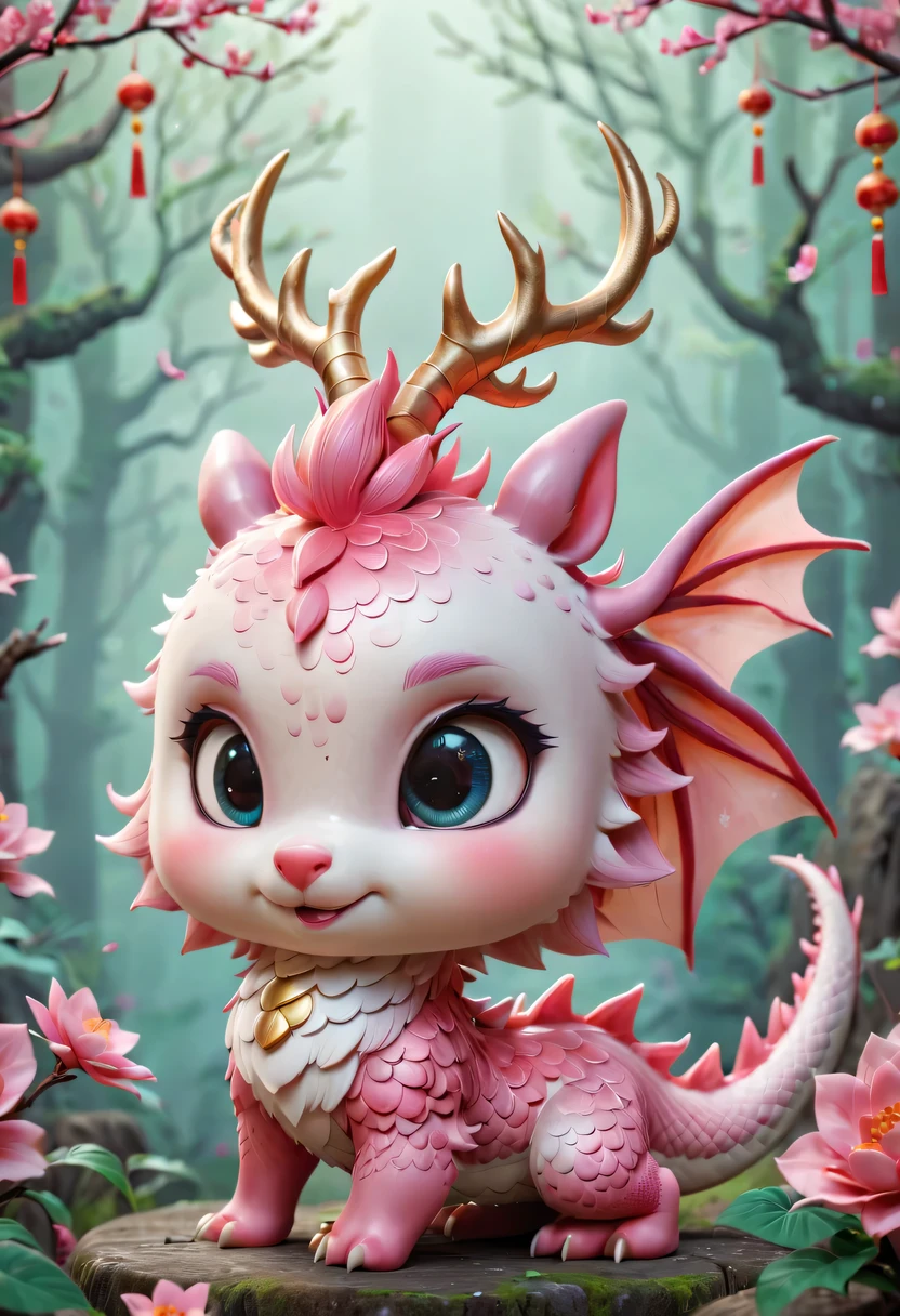 Q version，Cute little dragon，Chinese style，pink space，festive atmosphere，Spring Festival，Lovely antlers，Chinese elements，cartoon，cute pet，Lively