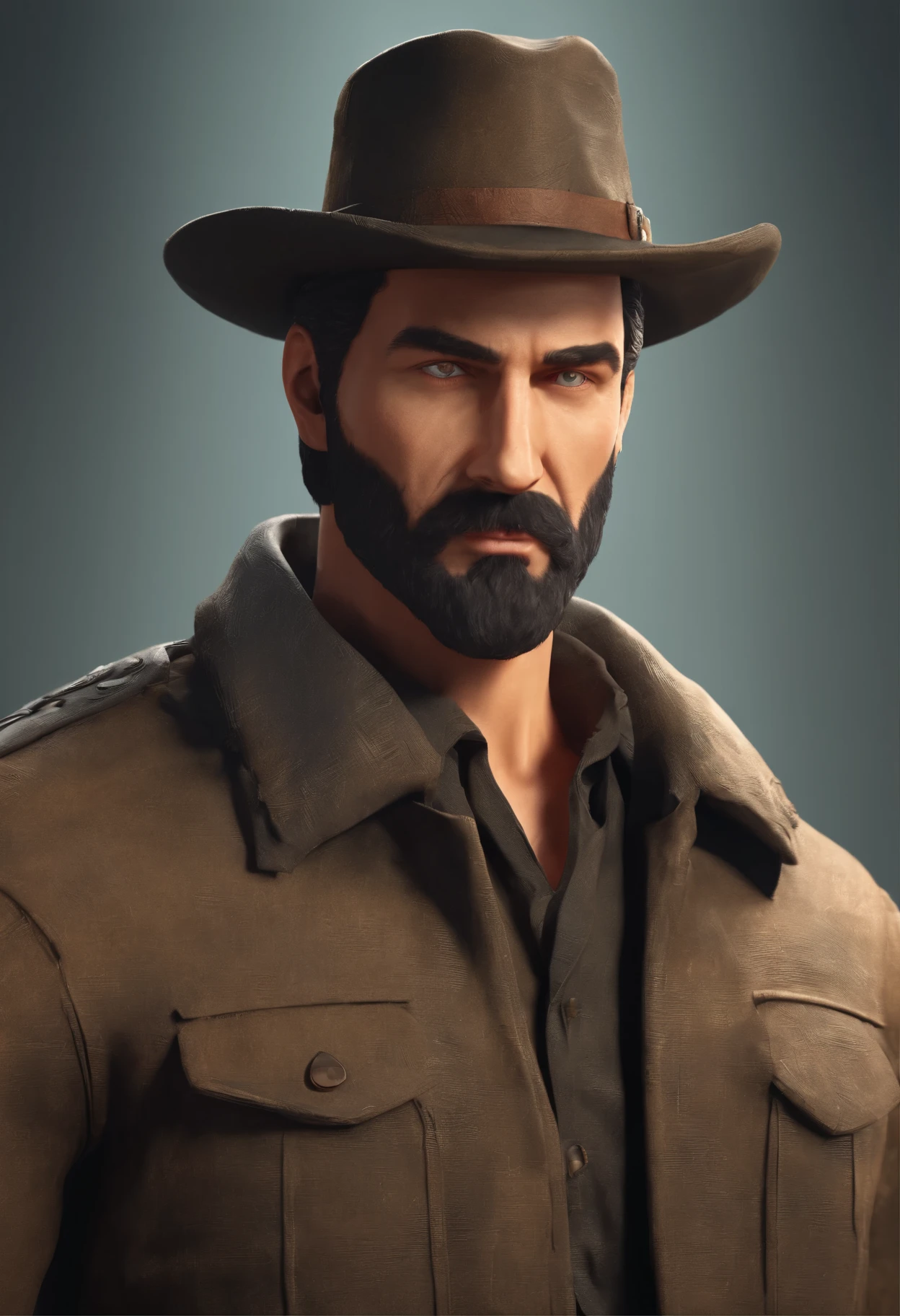 A rugged and weathered man, aged 30 to 50, stands tall and proud, his piercing eyes gazing confidently into the camera. His thick, well-groomed beard adds to his rugged charm, while his unique style is a blend of Wolverine's fierce determination and a mobster's suave charm. Rendered in a gritty, film noir style, this enigmatic man exudes a sense of mystery and intrigue.