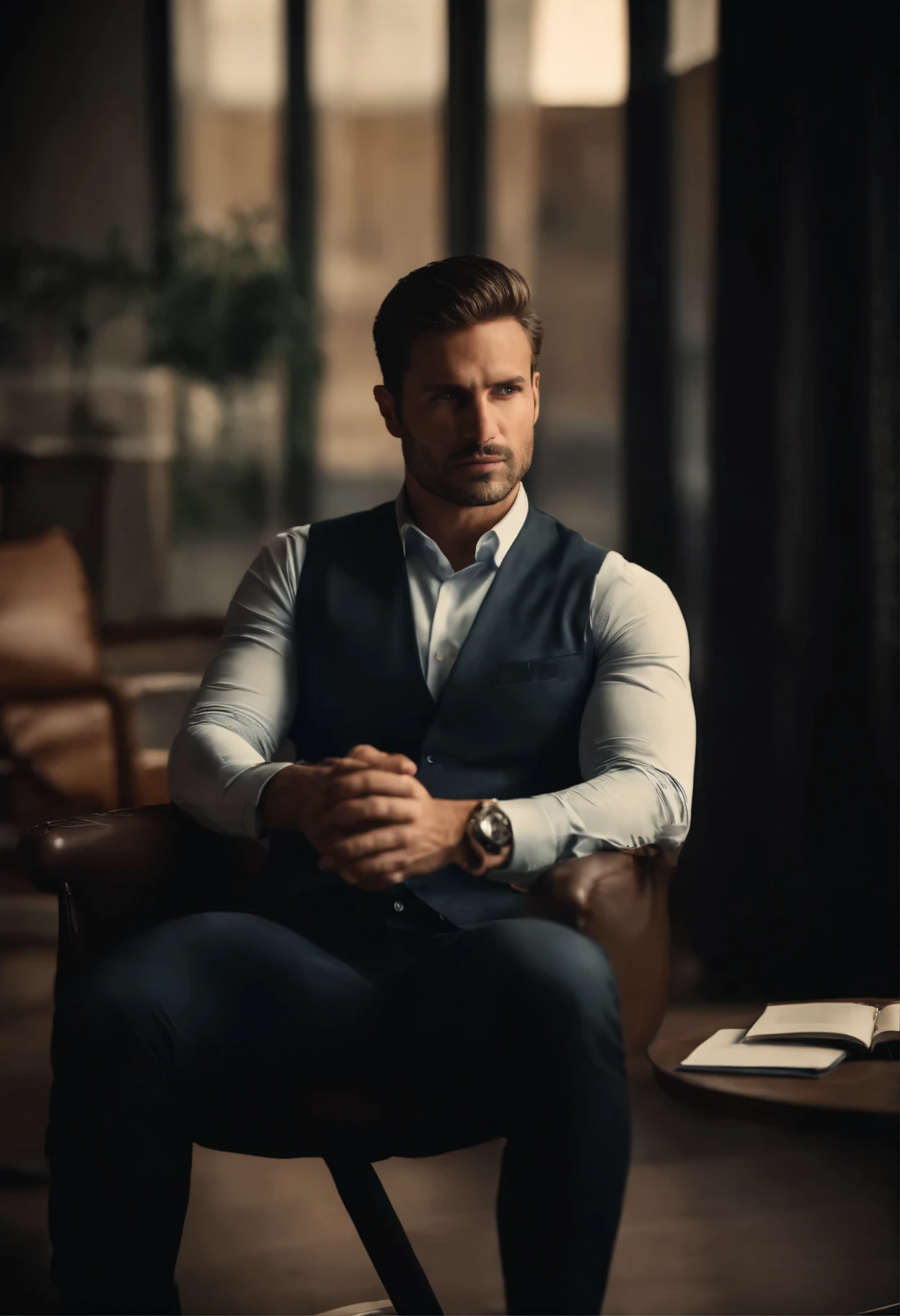 Generate me a handsome businessman gossip in portrait