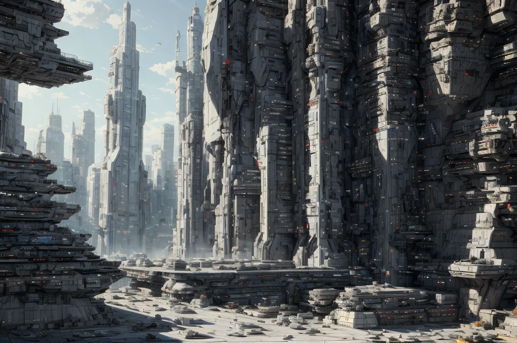 Incredible fantasy city, mega skyscrapers, flying cars, space elevator towers, Super Detail, trees, flowers, Many different buildings, spaceships in the sky, Ultra detail, many elements, blue and gold, yellow numbers on buildings, straight and smooth lines, Street, evening, many people, 