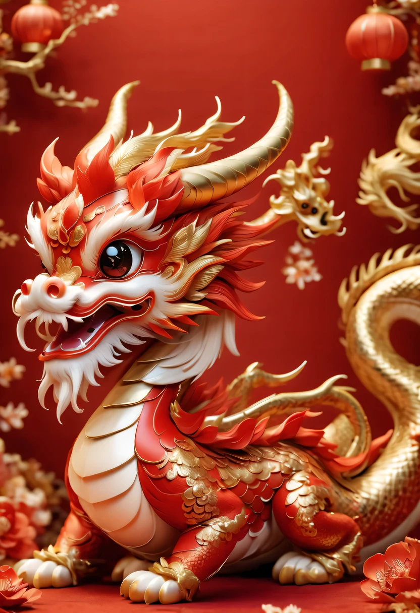 Chinese dragon，Q version，Cute little dragon，Red space，festive atmosphere，CNY，CNY，Chinese elements，cartoon，cute pet，Lively