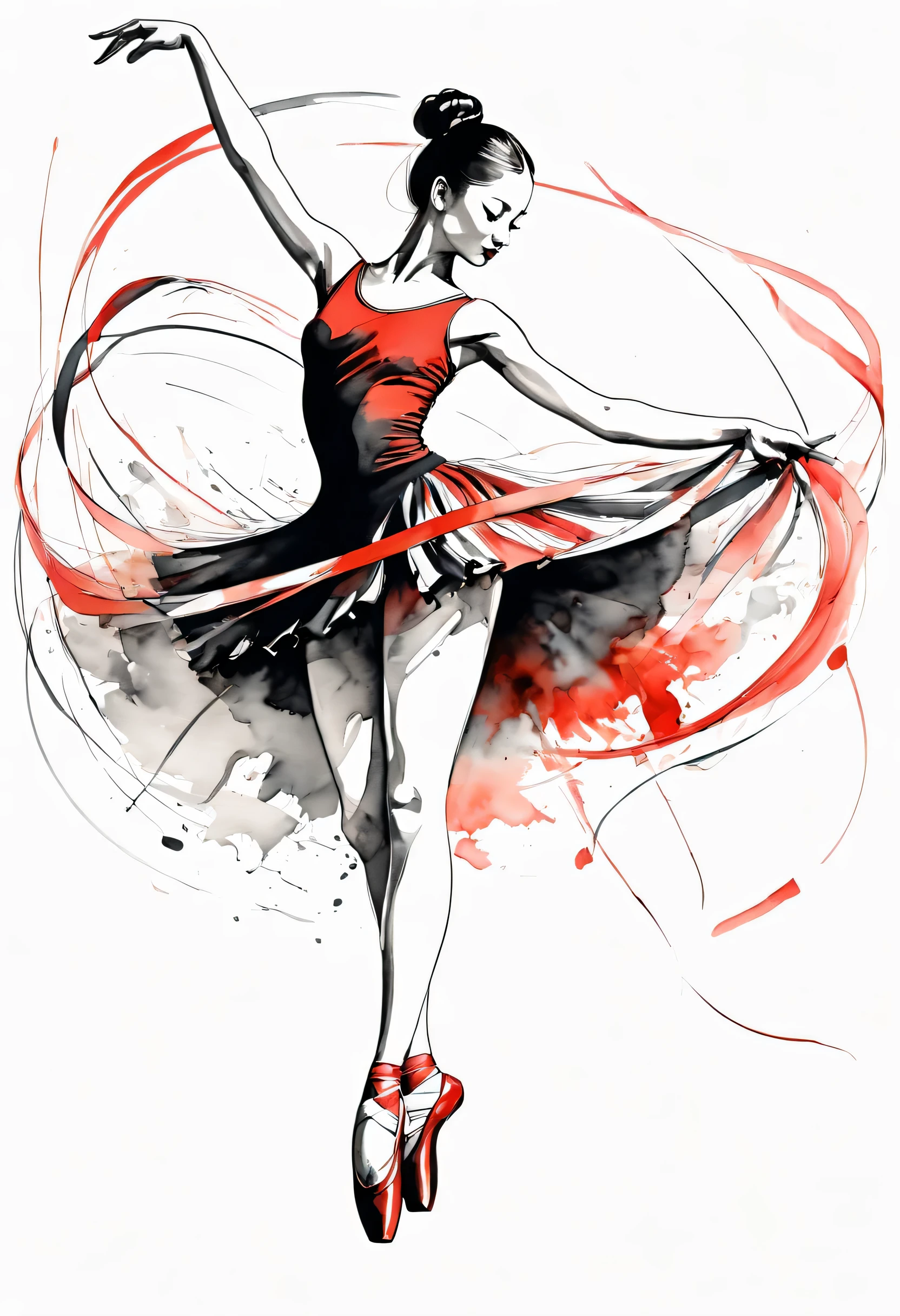 ink画：One stroke drawing of ballerina girl，Slender and straight figure，limb extension，Wrap gymnastics ribbon，fluttering streamers，A combination of strength and femininity。Outline with black ink，smooth lines，inksoil出层层的裙子，multi-layer，The ink on the skirt fell out with force，form an arc，Displays characters&#39; Express expressions and postures through ink contrast，Simple background，Emphasis on light, shadow and space。ink，soil，sketch，grace，black and red