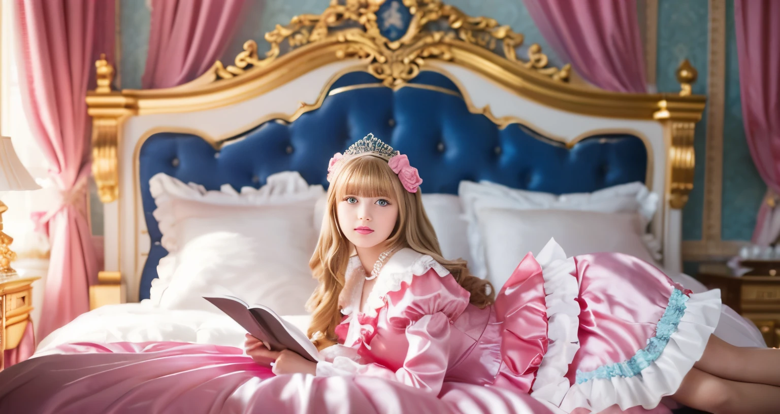 ,highest quality, masterpiece, highest resolution, artwork, super それにget used to it, many get used to it, get used to it, それにget used to it, 3K realistic photos,,(( When I was )),Super detailed baby face,She is a princess,Full length ball gown dress with hoop skirt,ruffle yoke collar,puff sleeves,long sleeve,((Lolita style pink detailed princess satin dress、Comes with lots of frills and ribbons。)),colorful rococo fashion,shiny satin dress,Soft and smooth fabric,luxury,long blonde hair,blue eyes,white skin european,pajamas,((inside the palace)),,,(( When I was 10 years old)),Sd baby face,Full length ball gown dress with hoop skirt,long skirt,ruffle yoke collar,puff sleeves,腰まで伸びるlong blonde hair,blue eyes,white skin european,pajamas,((inside the palace bedroom)),ピンクのシルクサテンのluxuryなcanopy bedの上,canopy bed,Luxurious curtains on both sides of the bed,many frilly pillows on the bed,super detailed background,Detailed bed,romantic atmosphere,little princess is lying on the bed,Read picture books,both legs are hidden in the dress,the dress is spread across the bed,soft pink silk satin comforter,Beautiful girl illustration,detailed beautiful face detailed hair,detailed human eye ,detailed mouth, arm details,detailed hand,detailed picture book