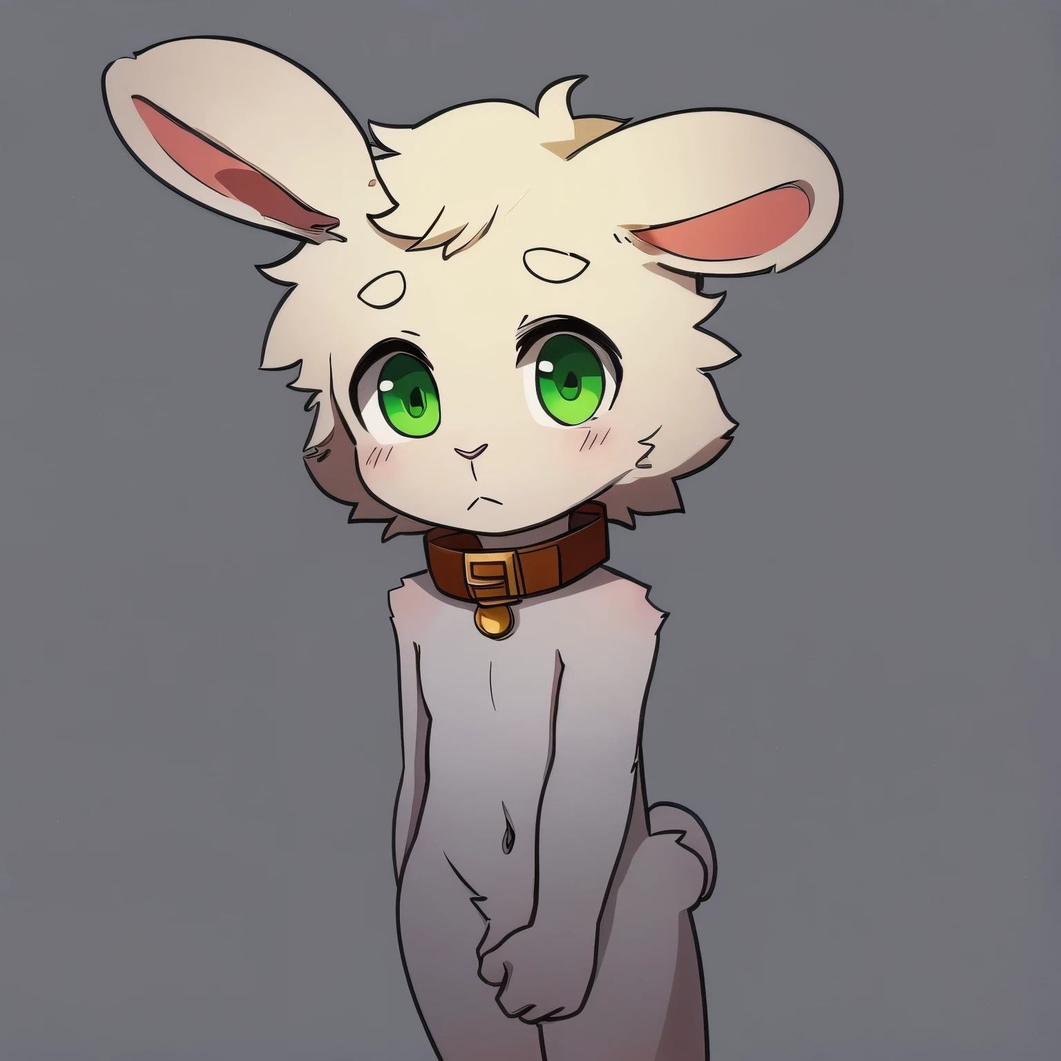 A white rabbit with green eyes and a brown collar, furry shota, shota rabbit, rabbit ears, cute shota boy, 5 years old, 5 year old shota rabbit, White fur, very white fur