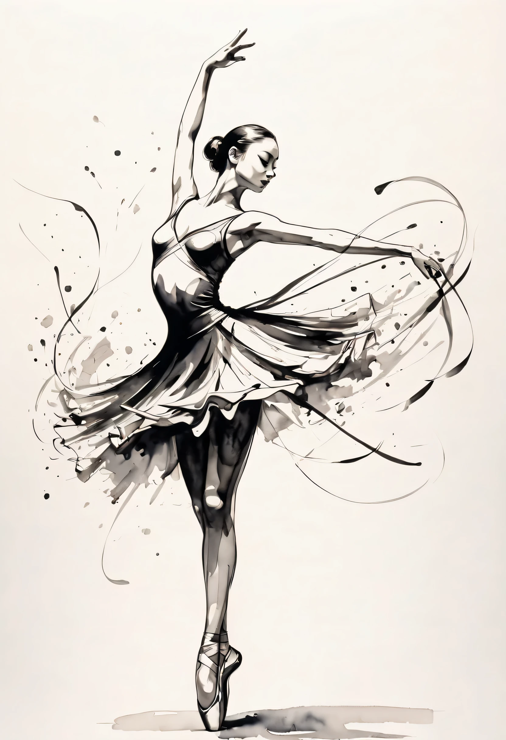 ink画:One stroke drawing of ballerina girl,Slender and straight figure,limb extension,Wrap gymnastics ribbon,fluttering streamers,Outline with black ink,smooth lines,inksoil出层层的裙子,multi-layer,(The ink on the skirt fell out with force,form an arc),Displays characters' Express expressions and postures through ink contrast,Simple background,Emphasis on light, shadow and space。ink,soil,sketch,grace,
