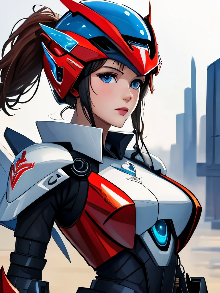 highest image quality, Hervorragende Details, ultra high resolution, (Realismus: 1.4), Die beste Illustration, Bevorzugen Sie Details, Stark verdichtetes 1girl, with a delicate and beautiful face, In schwarzen und blauen Mechs gekleidet, wears a mech helmet, einen Richtungsregler halten, auf einem Motorrad fahren, Hintergrund ist eine High-Tech-Lichtszene der Stadt der Zukunft.