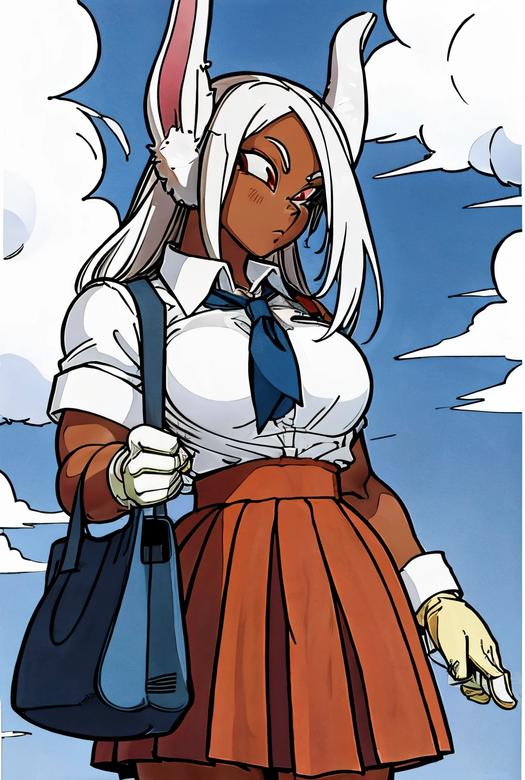 masterpiece,best quality,extreme detail,8k,mirko2, 1girl, solo, long hair, breasts, skirt, large breasts, shirt, red eyes, gloves, animal ears, school uniform, white shirt, white hair, thighs, cowboy shot, pleated skirt, outdoors, sky, day, collared shirt, artist name, cloud, white gloves, dark skin, bag, rabbit ears, dark-skinned female, blue sky, blue skirt, thick thighs, rabbit girl, shirt tucked in, holding bag, long eyelashes