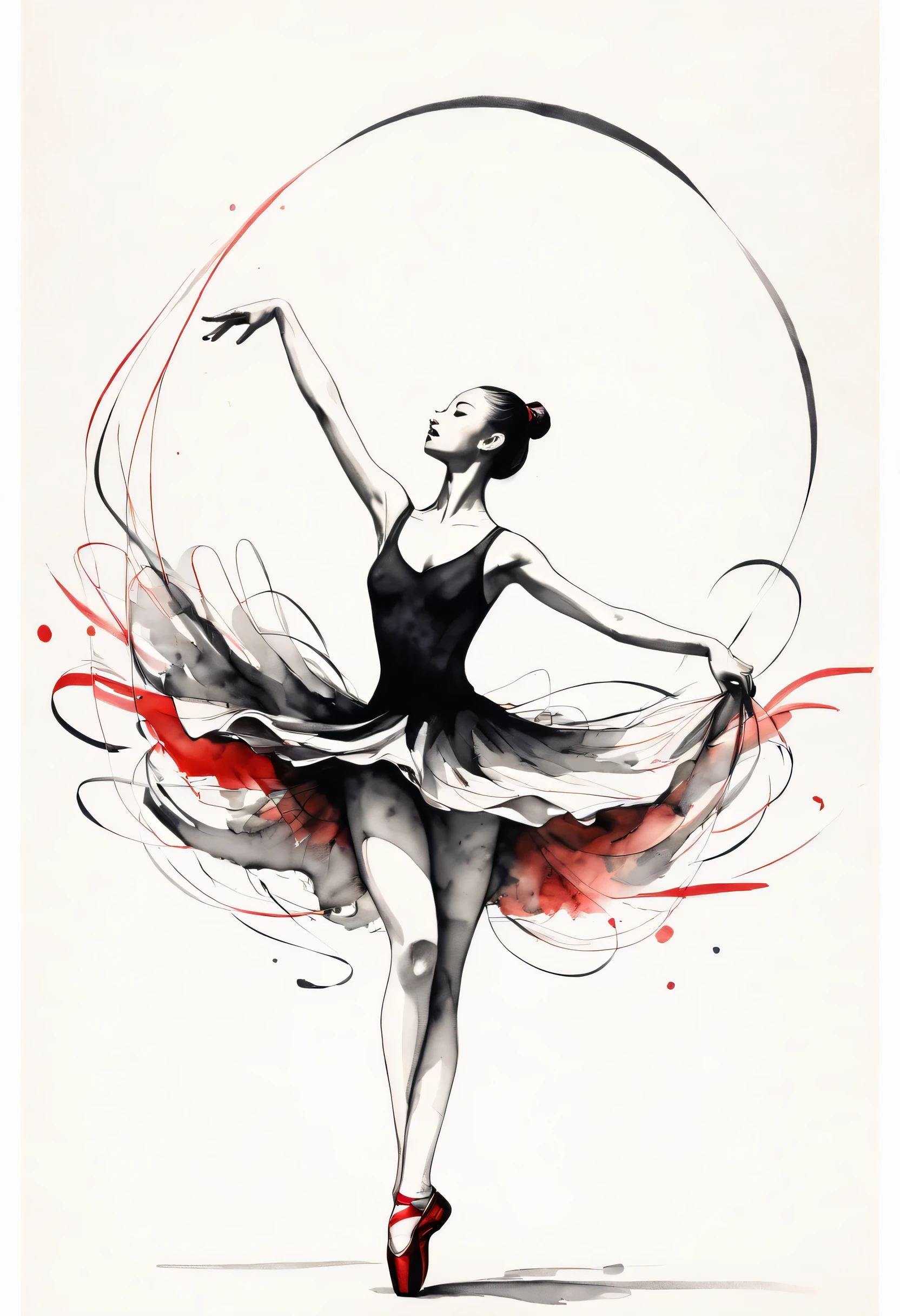 ink画：One stroke drawing of ballerina girl，Curly eyelashes，Slender and straight figure，limb extension，Wrap gymnastics ribbon，fluttering streamers，A combination of strength and femininity。Outline with black ink，smooth lines，inksoil出层层的裙子，multi-layer，The ink on the skirt fell out with force，form an arc，Displays characters&#39; Express expressions and postures through ink contrast，Simple background，Emphasis on light, shadow and space。ink，soil，sketch，grace，black and red