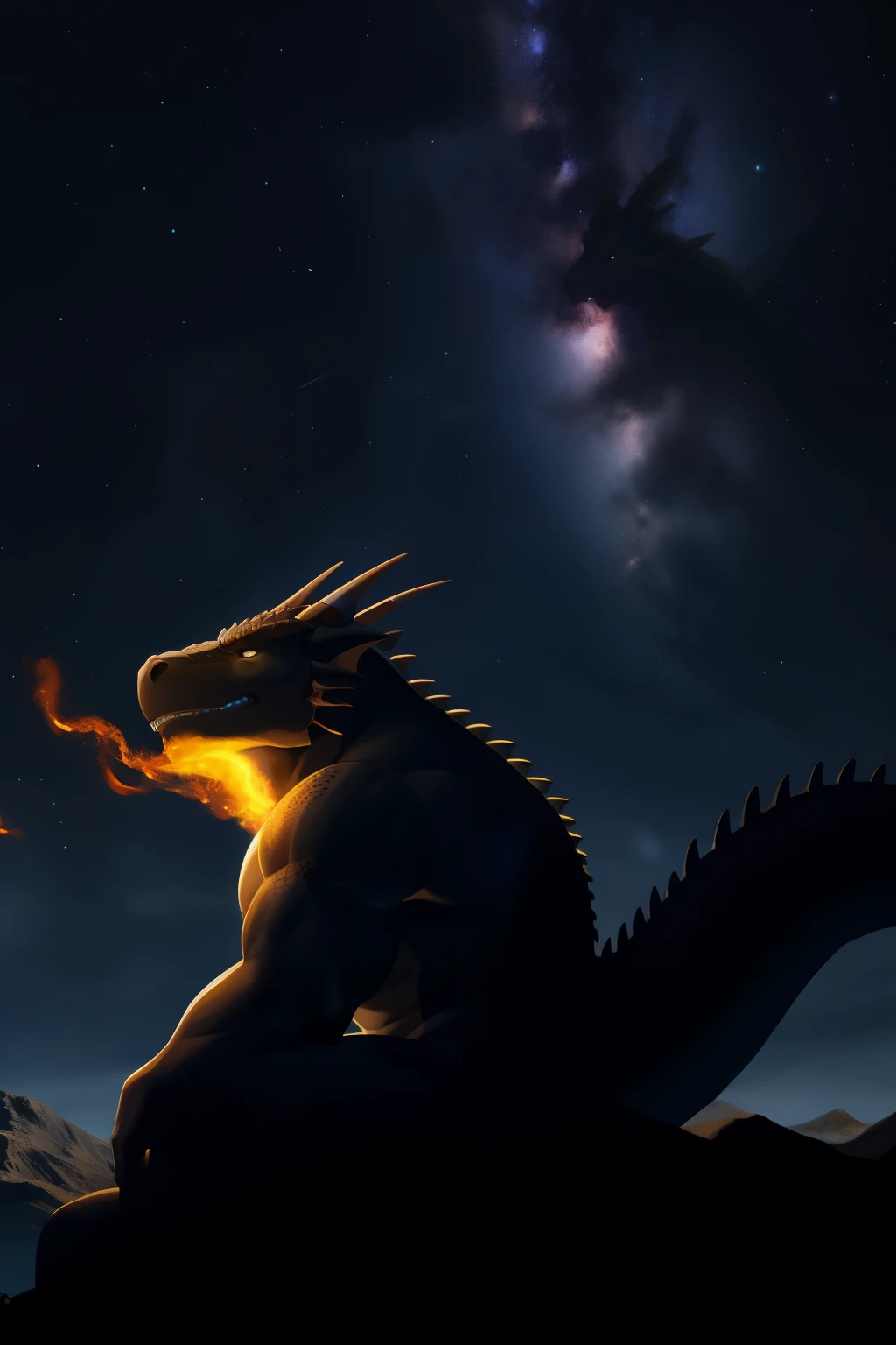 A furry umեo (sitting) atop a dragon - S2, alone in thought, impressive anthropomorphic (anthro) bear features, intense gaze fixed beyond the horizon, detailed scale-like textures adorning the dragon's body, dramatic and epic atmosphere, night sky backdrop with constellations, intricate shading, Maximum quality, fire emanating from the dragon's mouth, invoking a sense of adventure and legend.