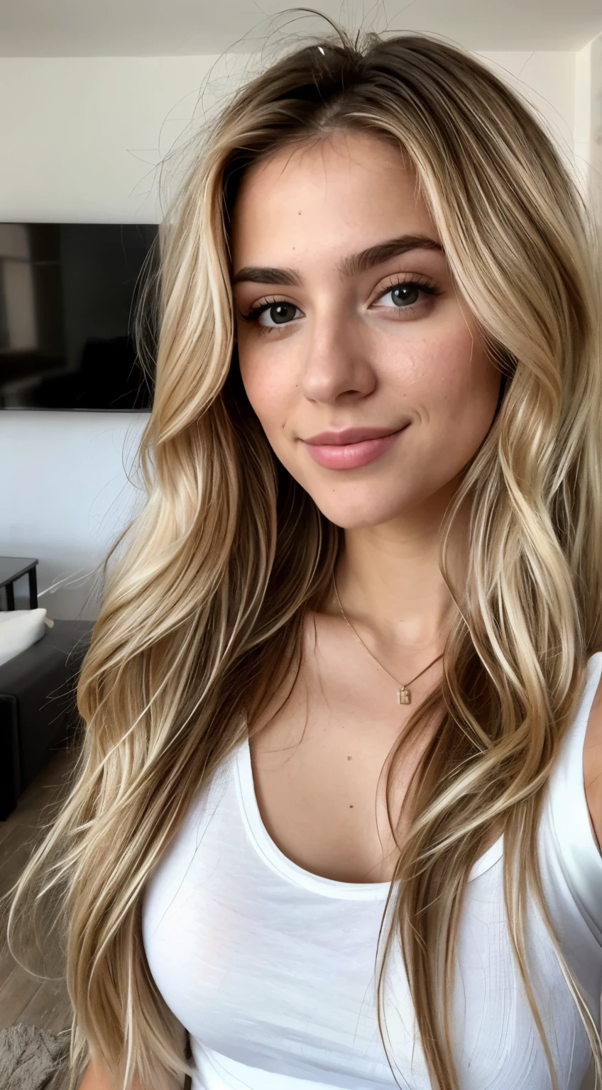 A 23-year-old blonde woman, ((pechos grandes)), ((hiperrealismo)) ,. blonde hair with light brown roots. cabello rubio, Hair with brown roots, cabello extra largo, cabello muy largo, really long hair, Beautiful, Front view, selfie, photo taken with iPhone, green tank top,  full selfie in the living room, high quality, selfie iPhone, cleavage