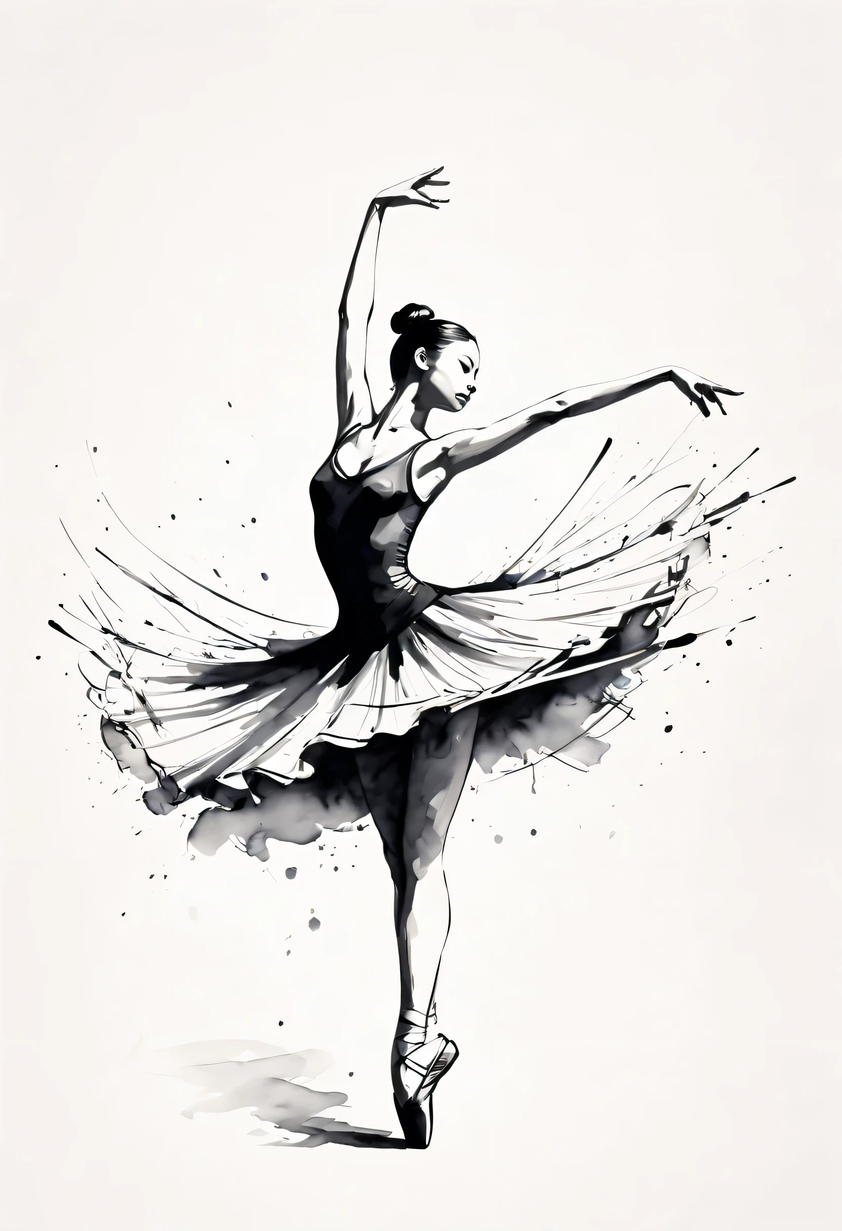 ink画:One stroke drawing of ballerina girl,Pas de deux,Slender and straight figure,limb extension,Wrap gymnastics ribbon,fluttering streamers,Outline with black ink,smooth lines,inksoil出层层的裙子,multi-layer,(The ink on the skirt fell out with force,form an arc),Displays characters' Express expressions and postures through ink contrast,Simple background,Emphasis on light, shadow and space。ink,soil,sketch,grace,