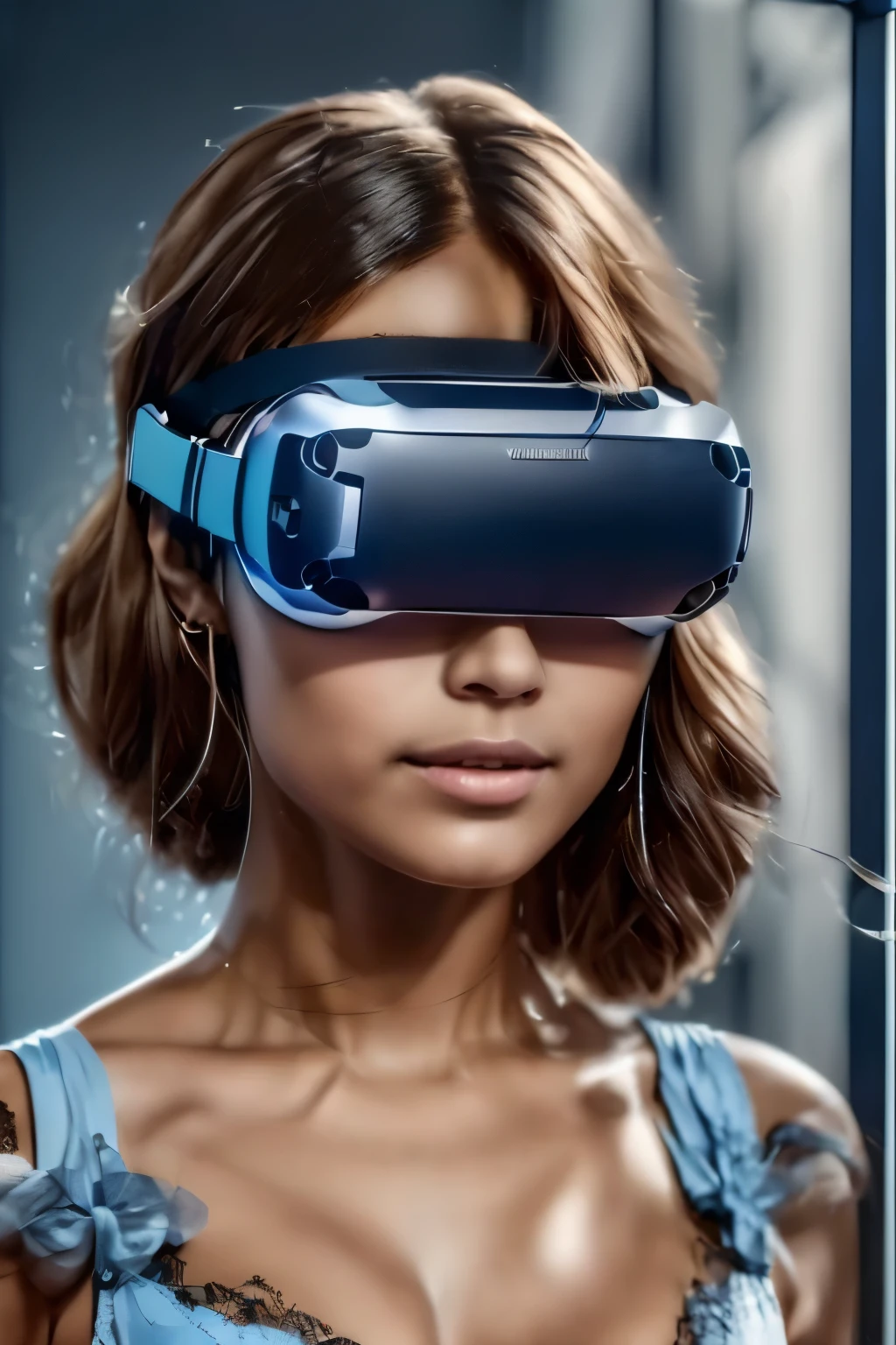 Masterpiece. High-quality, technological, art. A modern dark-skinned girl, with neatly styled Afro braids on her head, looks into the future. in front of the eyes are virtual reality glasses, a virtual reality device. Light blue background, a high-tech product, the aluminum body of the glasses is framed by massive, black glossy glass, a wide strap - the mount conveniently goes around the oval of the head (white plastic case, the charger wire falls along the neckline. Digital technologies, virtual reality, network services. She is a beautiful girl with virtual reality glasses on her face. Very beautiful - well-groomed girl, with clear skin, regular features, beautiful lips, and a slight smile on her face. Beautiful figure, modern clothes, cool modern couture dress. Presentation background, neutral gray-blue, in virtual space. Highest quality, 16 K. FUL HD, cinematic rendering.