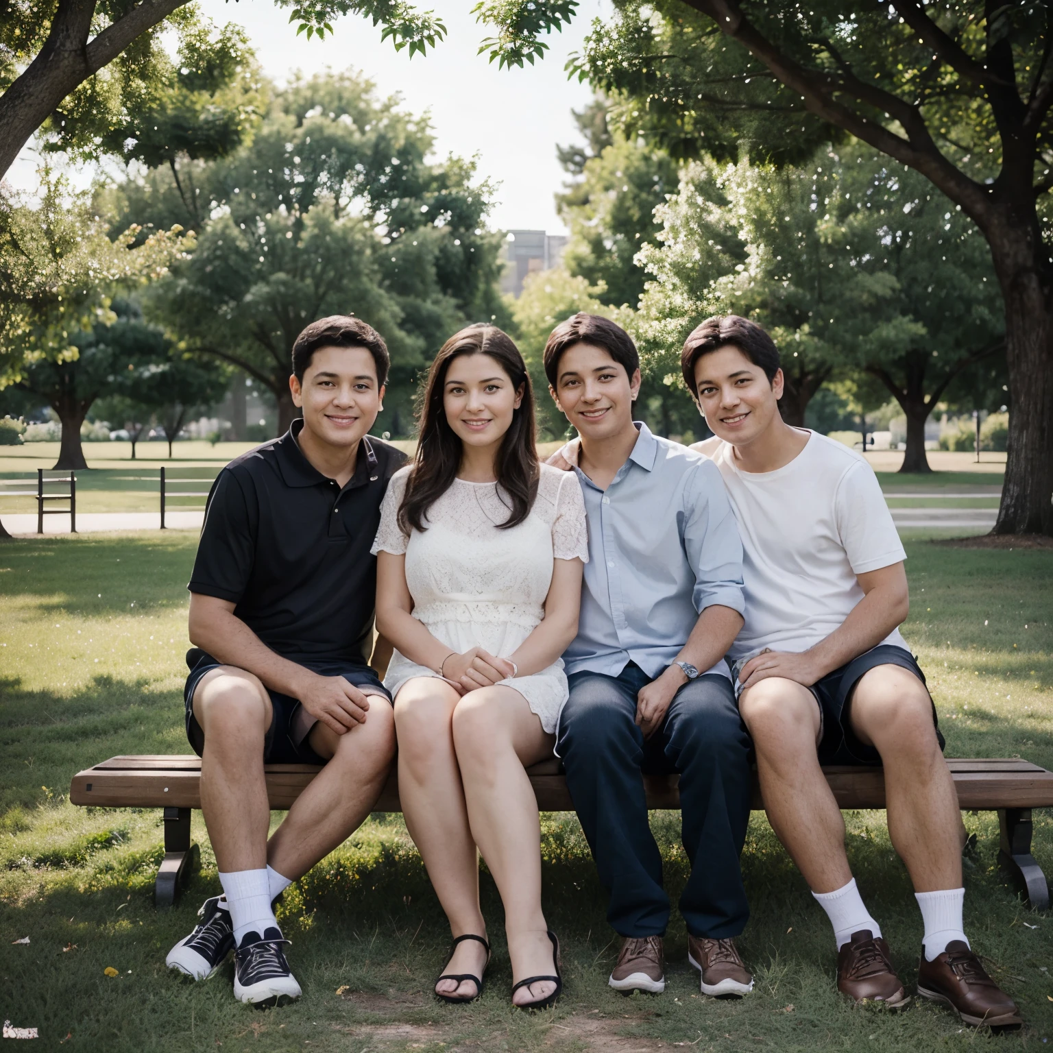 Mom Dad and 2 boys are sitting in a park The family is very much in love Father middle age Mother middle age Older  about 13 years Young  about 3 years Very nice family picture needed