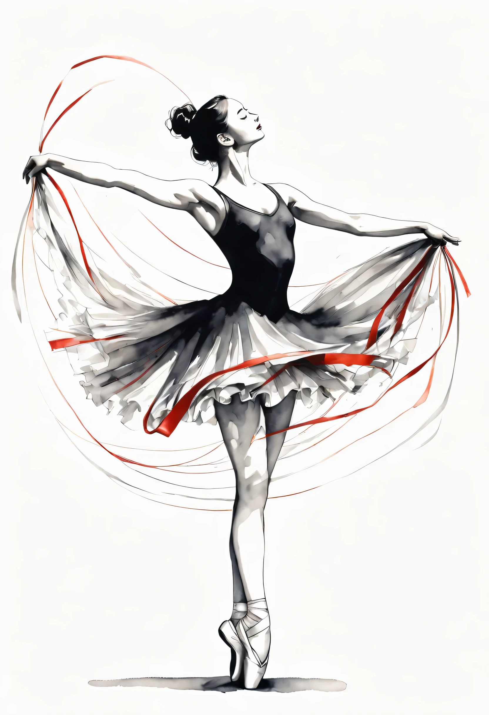ink画:One stroke drawing of ballerina girl,Jumps,Slender and straight figure,limb extension,Wrap gymnastics ribbon,fluttering streamers,Outline with black ink,smooth lines,inksoil出层层的裙子,multi-layer,(The ink on the skirt fell out with force,form an arc),Displays characters' Express expressions and postures through ink contrast,Simple background,Emphasis on light, shadow and space。ink,soil,sketch,grace,飞溅的ink,reduce。上面流淌的ink