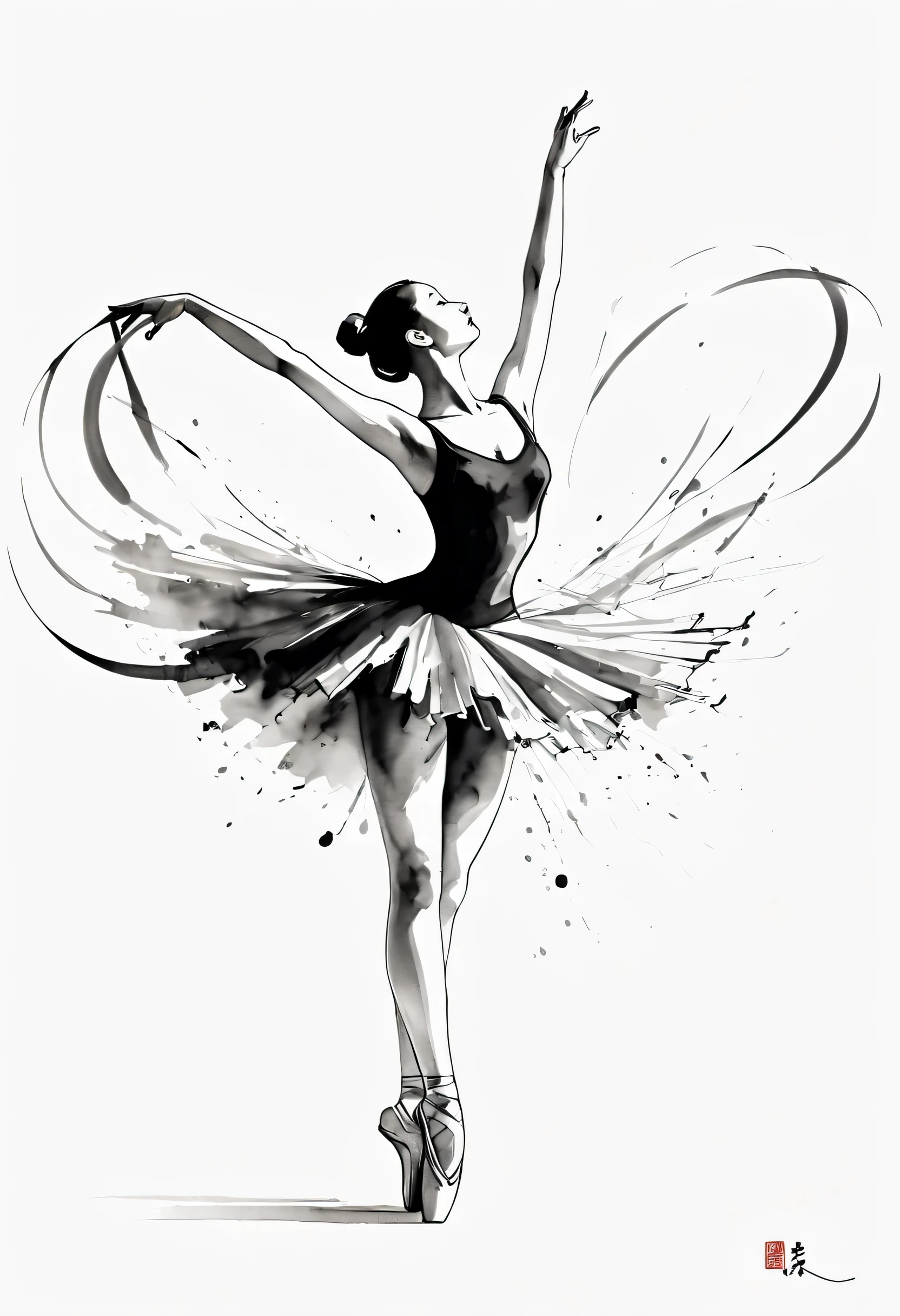 ink画:One stroke drawing of ballerina girl,Pas de deux,Slender and straight figure,limb extension,Wrap gymnastics ribbon,fluttering streamers,Outline with black ink,smooth lines,inksoil出层层的裙子,multi-layer,(The ink on the skirt fell out with force,form an arc),Displays characters' Express expressions and postures through ink contrast,Simple background,Emphasis on light, shadow and space。ink,soil,sketch,grace,飞溅的ink,reduce