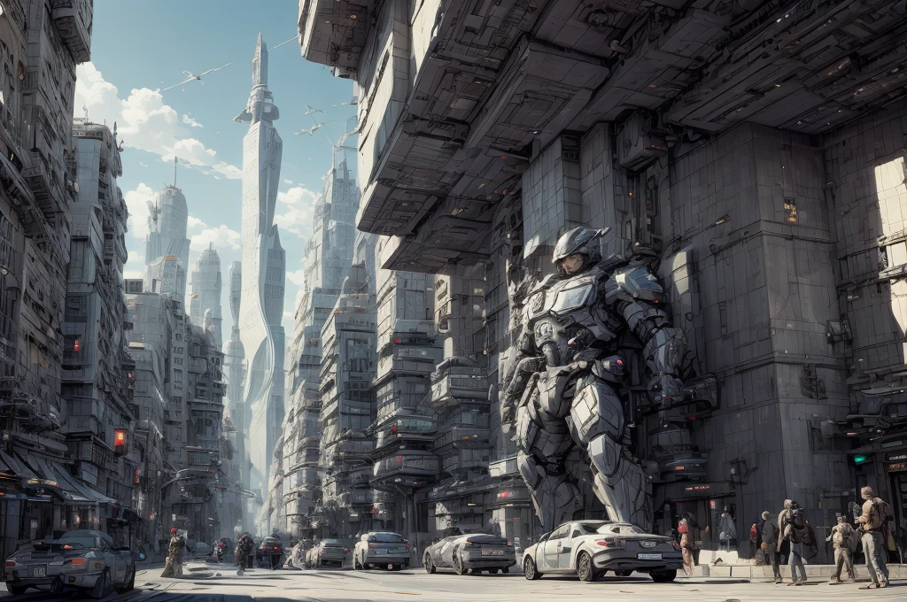 Incredible fantasy city, mega skyscrapers, flying cars, space elevator towers, Super Detail, trees, flowers, Many different buildings, spaceships in the sky, Ultra detail, many elements, blue and gold, yellow numbers on buildings, straight and smooth lines, Street, evening, many people, 