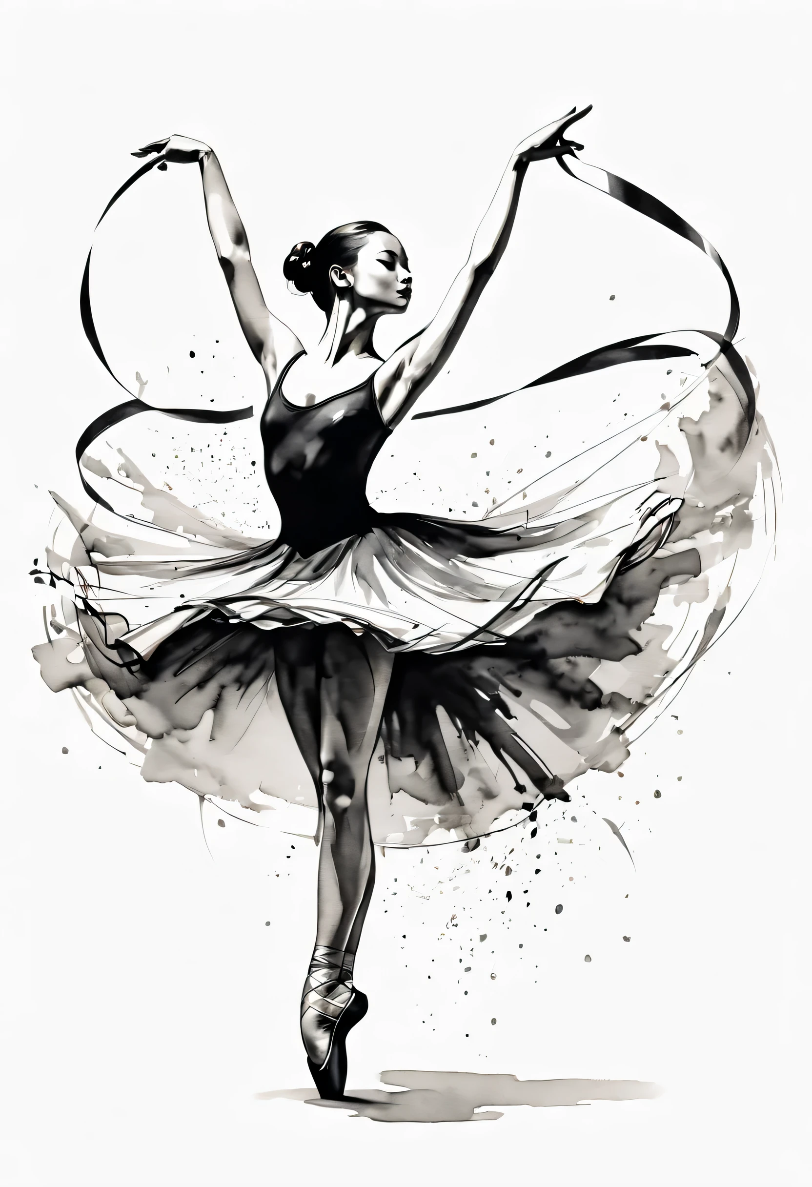 ink画：One stroke drawing of ballerina girl，Pas de deux，Slender and straight figure，limb extension，Wrap gymnastics ribbon，fluttering streamers，Outline with black ink，smooth lines，inksoil出层层的裙子，multi-layer，（The ink on the skirt fell out with force，form an arc），Displays characters&#39; Express expressions and postures through ink contrast，Simple background，Emphasis on light, shadow and space。ink，soil，sketch，grace，飞溅的ink，reduce