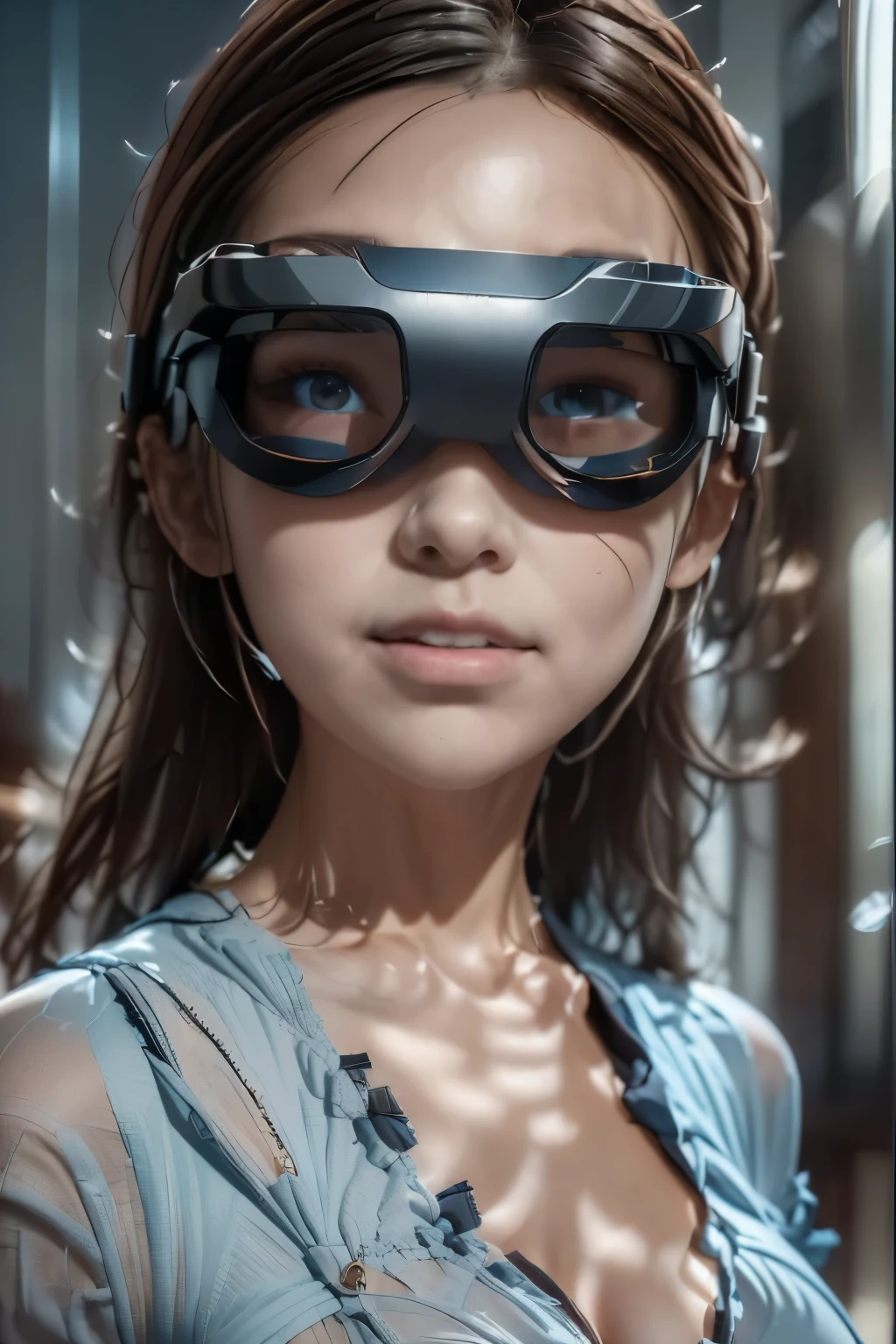 Masterpiece. High-quality, technological, art. A modern dark-skinned girl, with neatly styled Afro braids on her head, looks into the future. in front of the eyes are virtual reality glasses, a virtual reality device. Light blue background, a high-tech product, the aluminum body of the glasses is framed by massive, black glossy glass, a wide strap - the mount conveniently goes around the oval of the head (white plastic case, the charger wire falls along the neckline. Digital technologies, virtual reality, network services. She is a beautiful girl with virtual reality glasses on her face. Very beautiful - well-groomed girl, with clear skin, regular features, beautiful lips, and a slight smile on her face. Beautiful figure, modern clothes, cool modern couture dress. Presentation background, neutral gray-blue, in virtual space. Highest quality, 16 K. FUL HD, cinematic rendering.