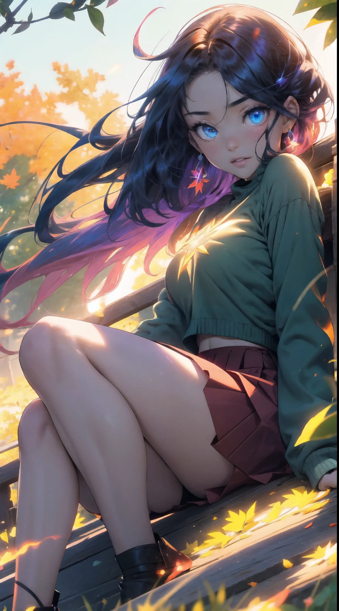 sexy, erotic, lewd, sitting,  detailed face, perfect face, lots of leafs, lots of detailes, colorful, galaxy eyes, fire hair, astral projection, astral energy, wind, windy weather, leafs, chakras, energy body, knee length skirt