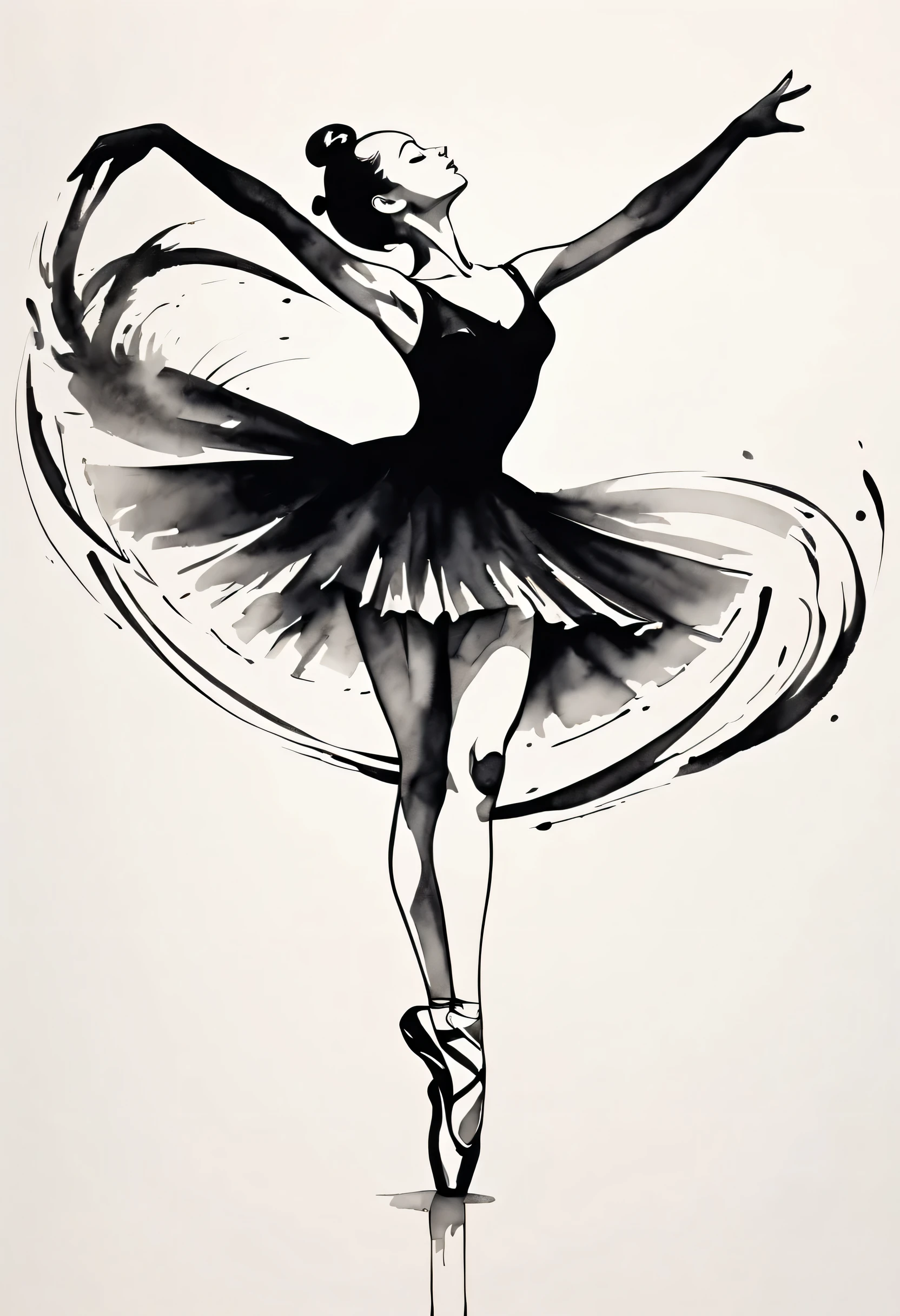 ink画：One stroke drawing of ballerina girl，Pas de deux，Slender and straight figure，limb extension，Wrap gymnastics ribbon，fluttering streamers，Outline with black ink，smooth lines，inksoil出层层的裙子，multi-layer，（The ink on the skirt fell out with force，form an arc），Displays characters&#39; Express expressions and postures through ink contrast，Simple background，Emphasis on light, shadow and space。ink，soil，sketch，grace，