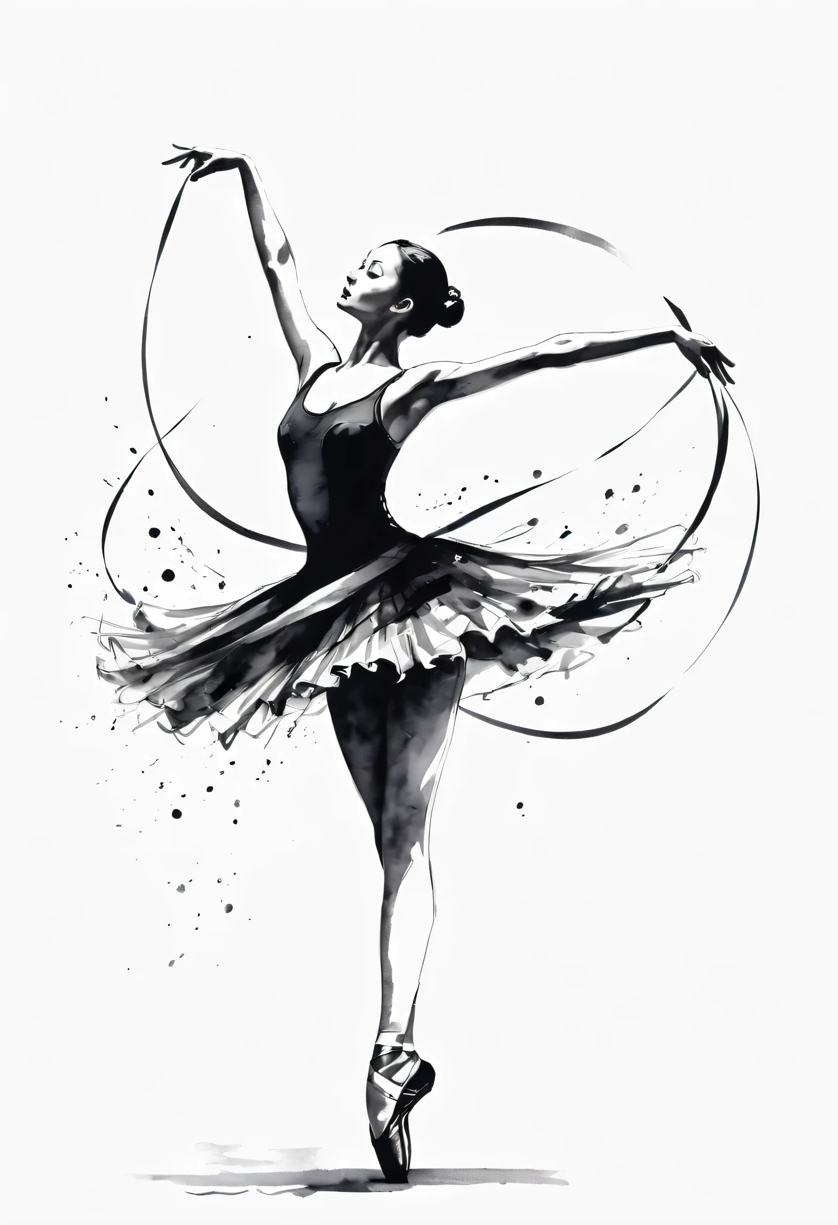 ink画:One stroke drawing of ballerina girl,Pas de deux,Slender and straight figure,limb extension,Wrap gymnastics ribbon,fluttering streamers,Outline with black ink,smooth lines,inksoil出层层的裙子,multi-layer,(The ink on the skirt fell out with force,form an arc),Displays characters' Express expressions and postures through ink contrast,Simple background,Emphasis on light, shadow and space。ink,soil,sketch,grace,飞溅的ink,reduce。上面流淌的ink