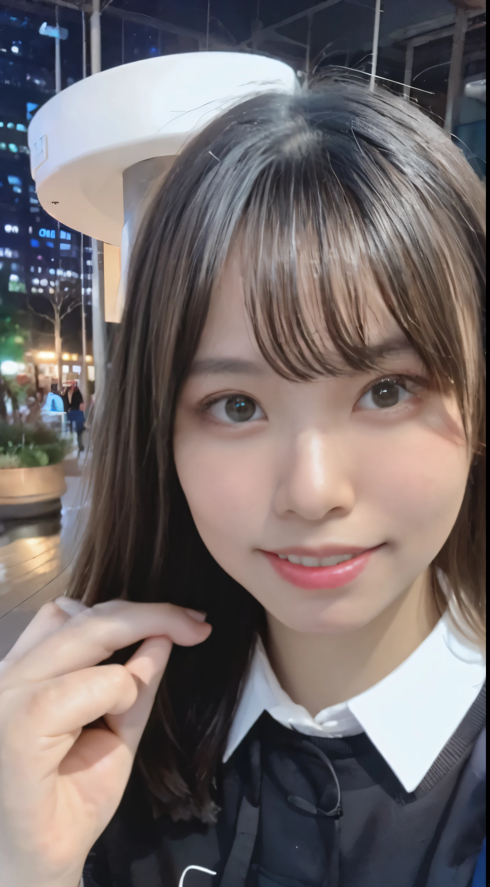 highest quality, 24-years-old,RAW photo, smile, night, beaver,Digital single-lens reflex camera, looking at the viewer, profile,small face, thin arms,chromatic aberration, (Eye and face details:1.0), (Bokeh:1.1)