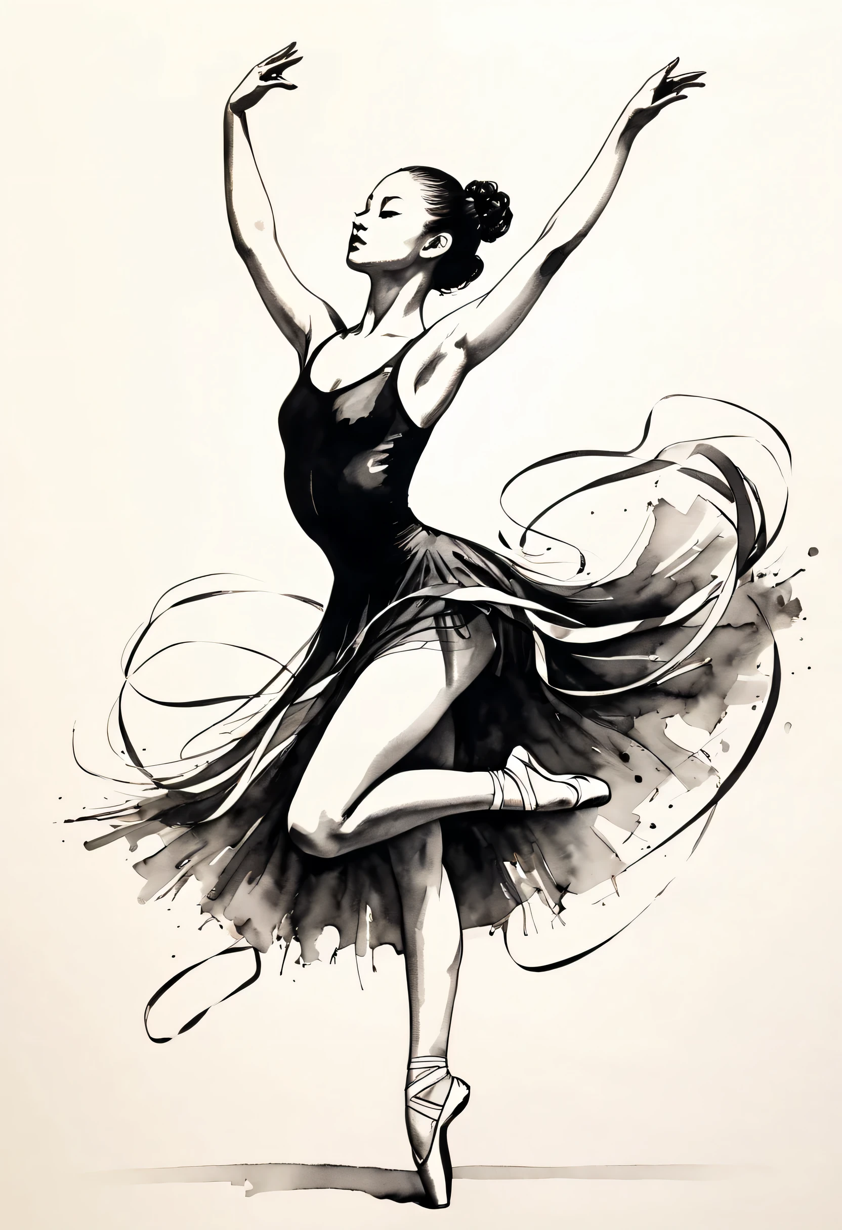 ink画:One stroke drawing of ballerina girl,Curly eyelashes,Slender and straight figure,limb extension,Wrap gymnastics ribbon,fluttering streamers,A combination of strength and femininity。Outline with black ink,smooth lines,inksoil出层层的裙子,multi-layer,The ink on the skirt fell out with force,form an arc,Displays characters' Express expressions and postures through ink contrast,Simple background,Emphasis on light, shadow and space。ink,soil,sketch,grace,black and red