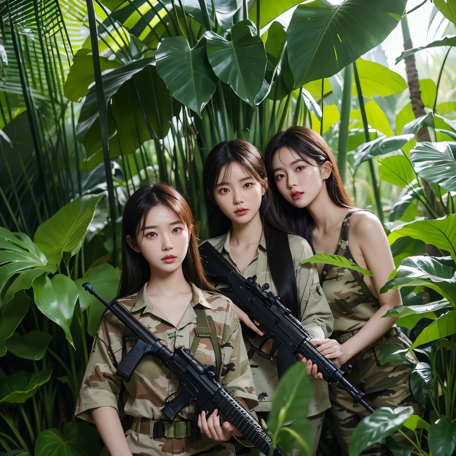 create a hyper-realistic photo of Korean girls group in the jungle. camouflage. holding M4A1 and MP5 guns. banana plants. High contrast. detail plants. Clear color. bright color. sunray.
