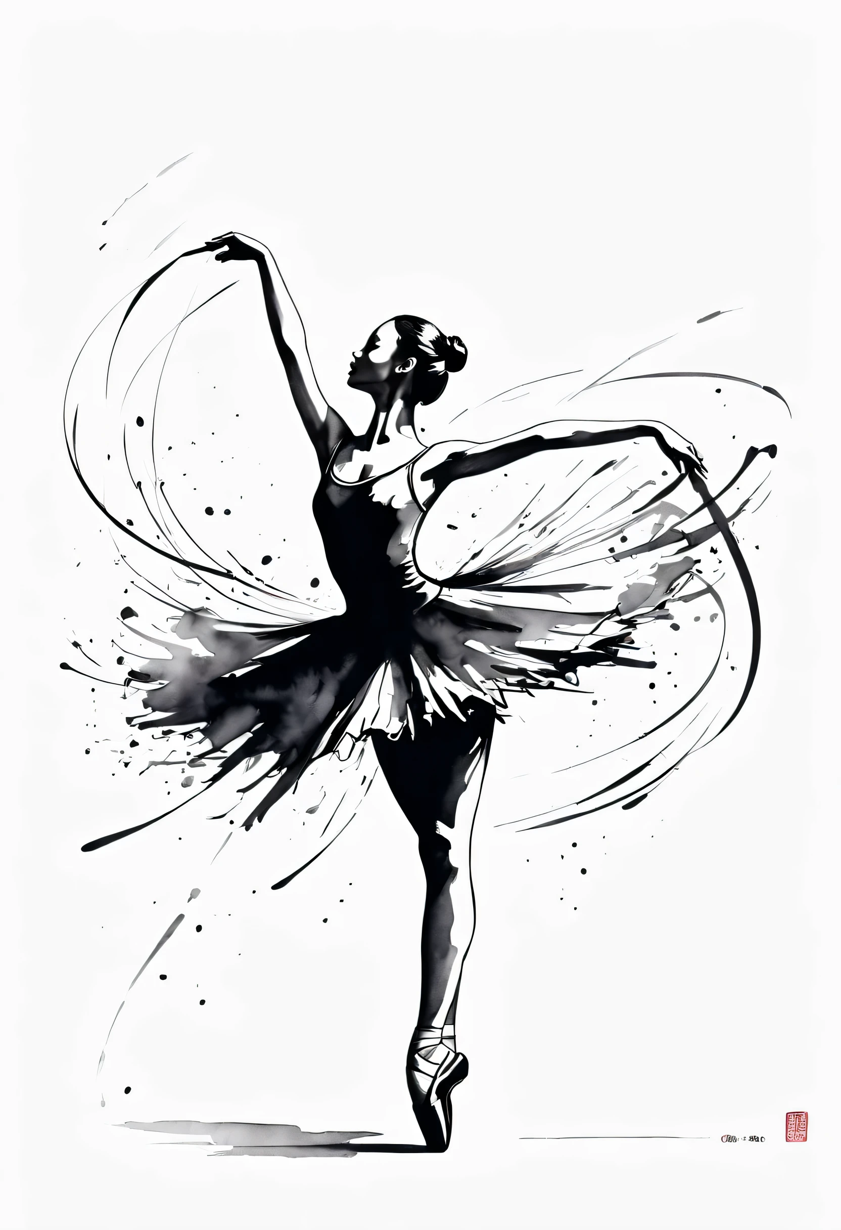 ink画：One stroke drawing of ballerina girl，Pas de deux，Slender and straight figure，limb extension，Wrap gymnastics ribbon，fluttering streamers，Outline with black ink，smooth lines，inksoil出层层的裙子，multi-layer，（The ink on the skirt fell out with force，form an arc），Displays characters&#39; Express expressions and postures through ink contrast，Simple background，Emphasis on light, shadow and space。ink，soil，sketch，grace，飞溅的ink，reduce。上面流淌的ink