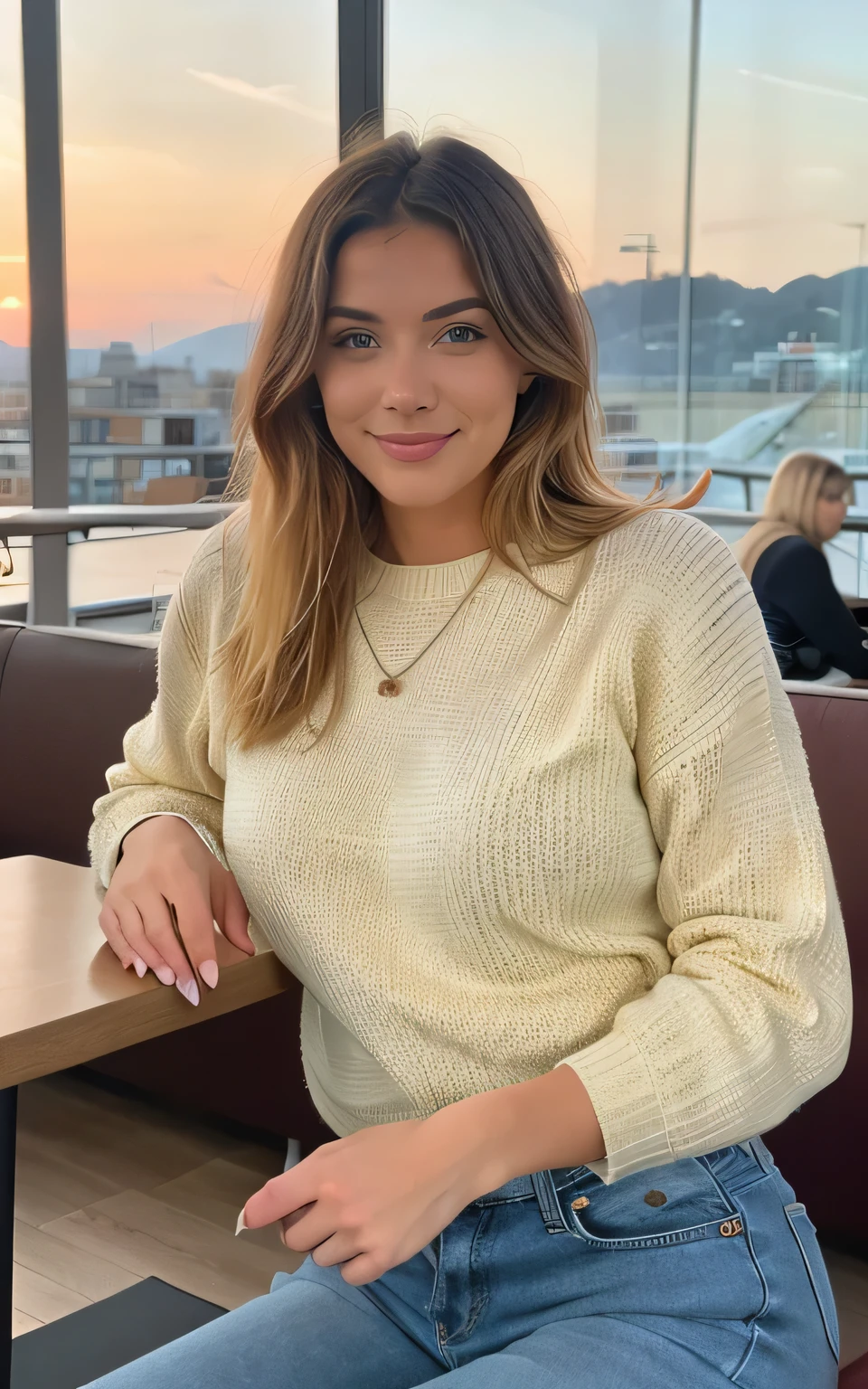 Cute beautiful blonde with yellow sweater sitting in a modern café at sunset, sehr detailliert, naturally wavy hair, blue eyes, high-res, best quality, sehr detailliert, scharf Fokus, detaillierte Haut, realistische Hauttextur, Textur, detaillierte Augen, professionell, 4k, charming smile, aufgenommen mit Canon, 85 mm, light depth of field, Kodak Vision-Farbe, perfectly fitting body, extrem detailliert, Foto_\(ultra\), fotorealistisch, realistisch, maximale Details, Rauheit, echtes Leben, ultrarealistisch, Fotorealismus, Fotografie, 8k uhd, Fotografie