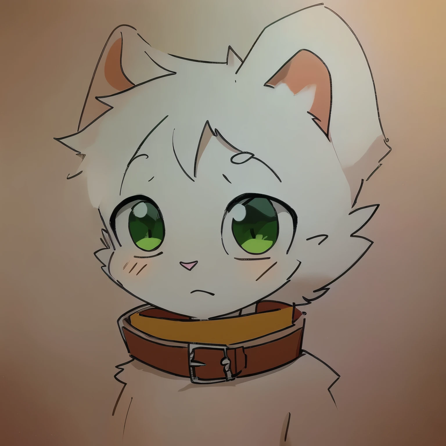 A white rabbit with green eyes and a brown collar, furry shota, shota rabbit, rabbit ears, cute shota boy, 5 years old, 5 year old shota rabbit, White fur, very white fur