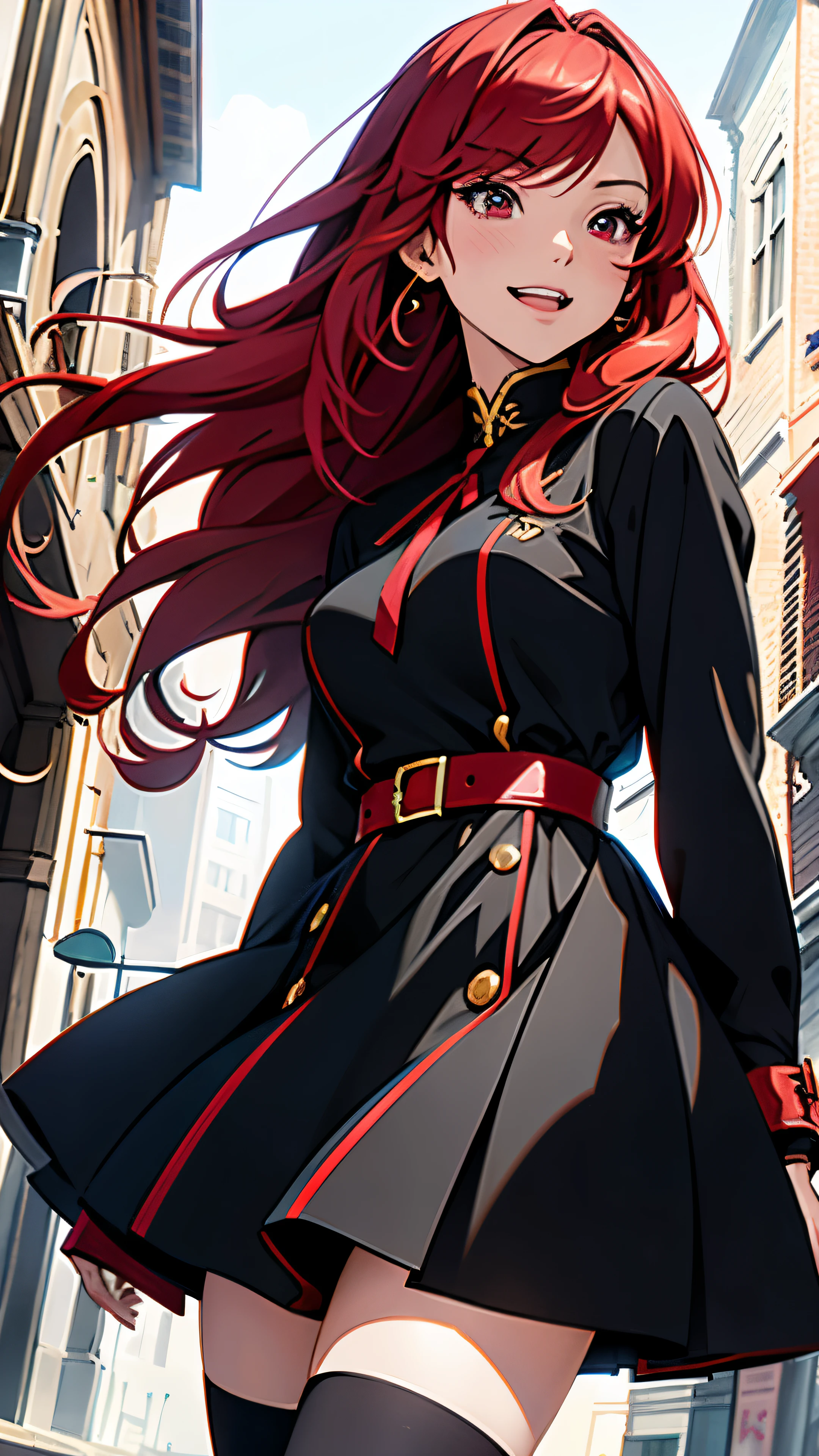 sharp focus, detailed outfit, key visual, traditional art, ultra detail, vibrant colors, girl, masterpiece, sharp focus, best quality, depth of field, cinematic lighting, correct anatomy, vibrant colors, girl, masterpiece, sharp focus, best quality, depth of field, cinematic lighting, (anime screencap:1.4), red hair, red eyes, long hair, town, shooting star, sparkle, black stockings, laughing, dress, action shot, ((realistic anime))