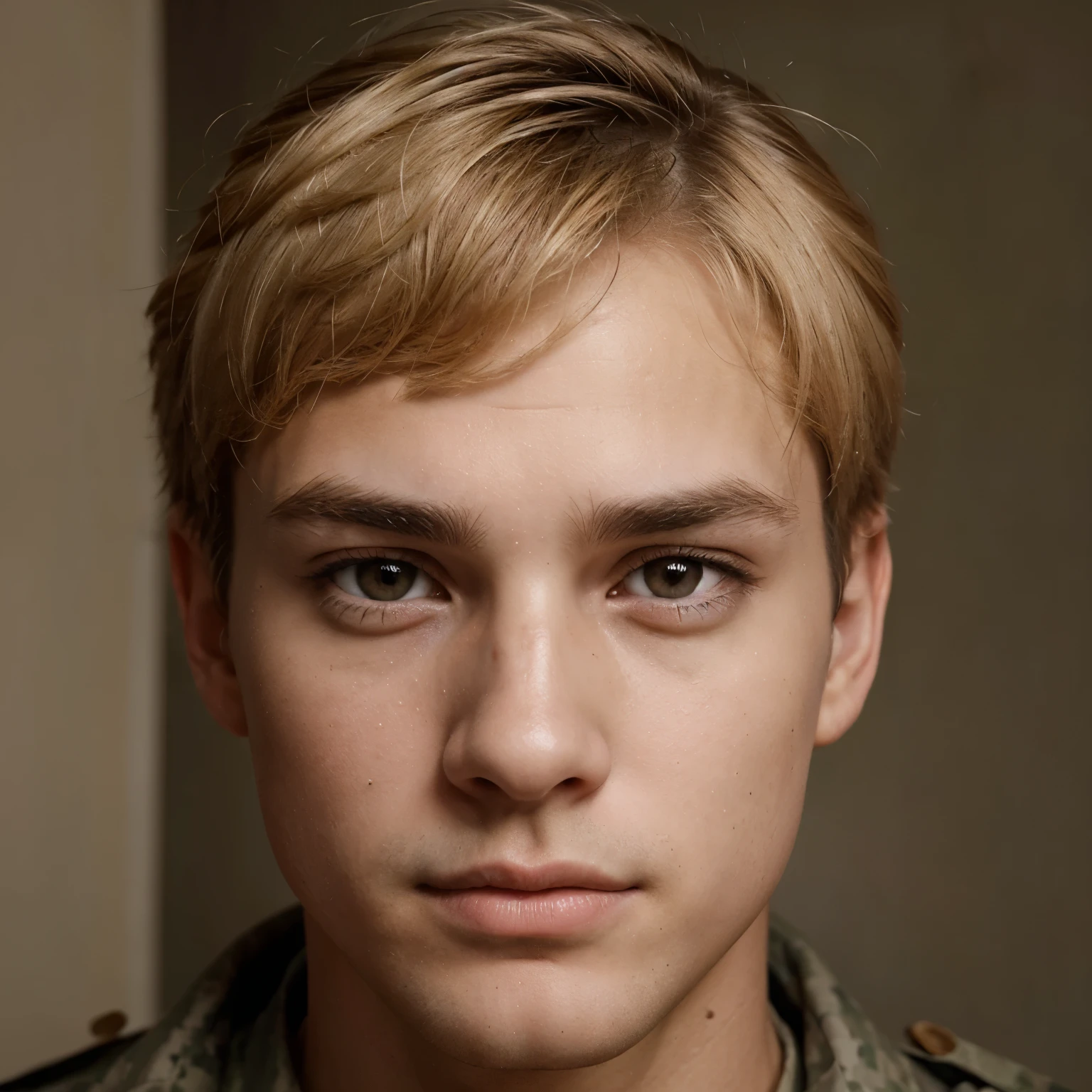 Male, man, blonde hair, young, early 20’s, brown eyes, puppy eyes, doe eyes, innocent face, short blonde hair, crew cut, military outfit, neutral expression, slightly raised eyebrows, handsome, attractive, facing camera, portrait picture, close up of face, camera focused on face, dark brown eyes, long eyelashes, gentle eyes, downturned eyes, negative canthal tilt eyes, gentle face expression, gentle face, puffy lips, big lips, clear skin, clear face skin, dark brown eyes,